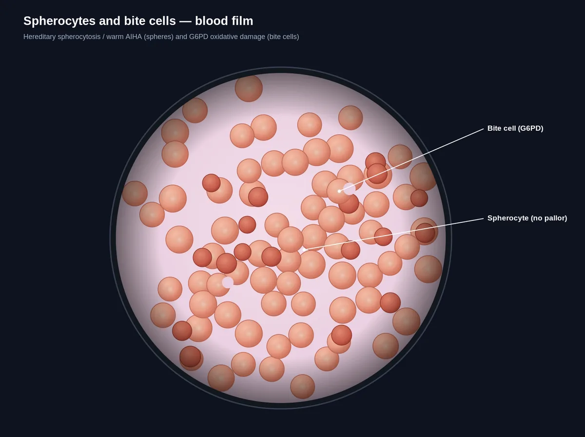 Spherocytes & bite cells — blood film