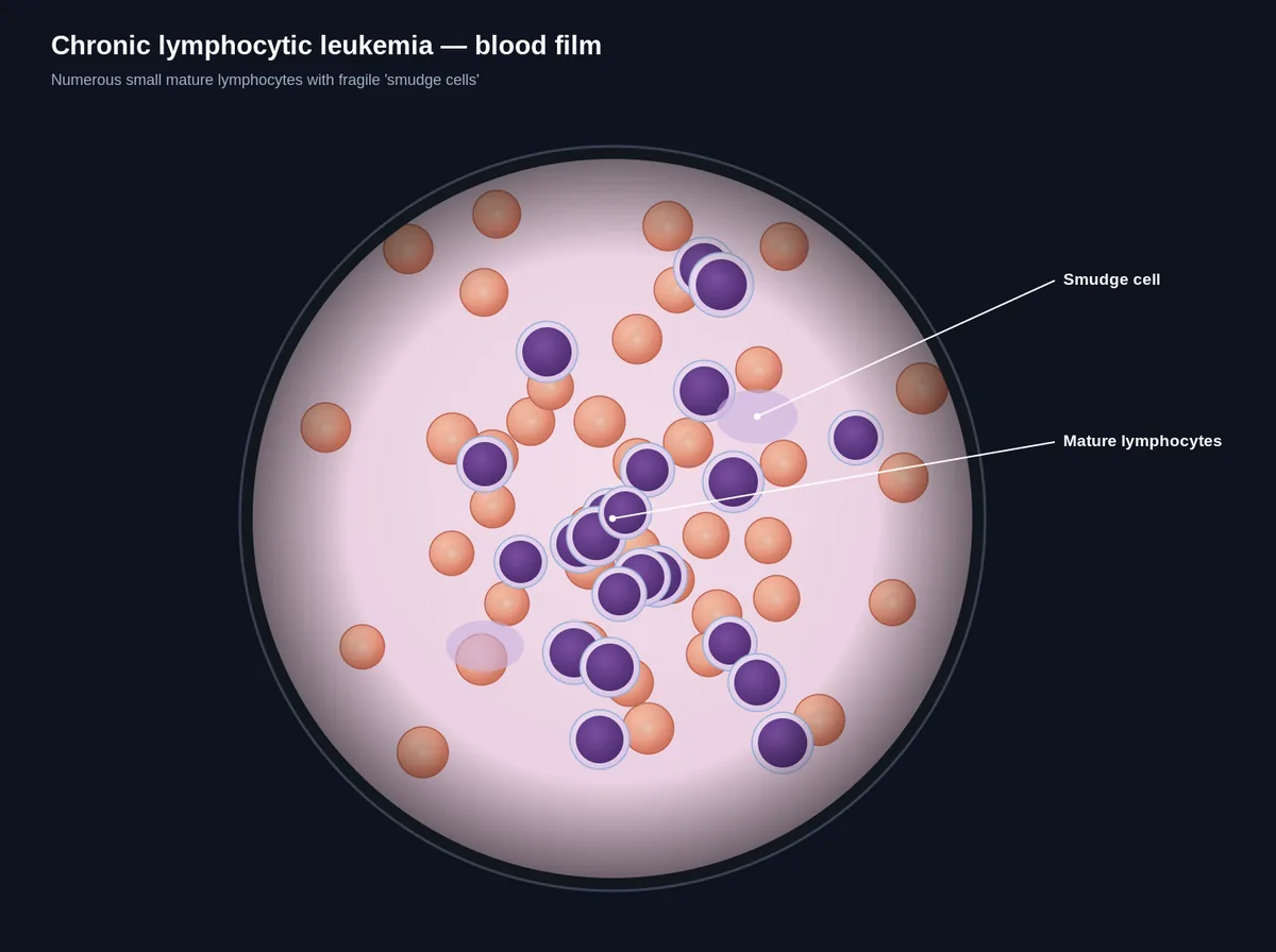 CLL — lymphocytes with smudge cells