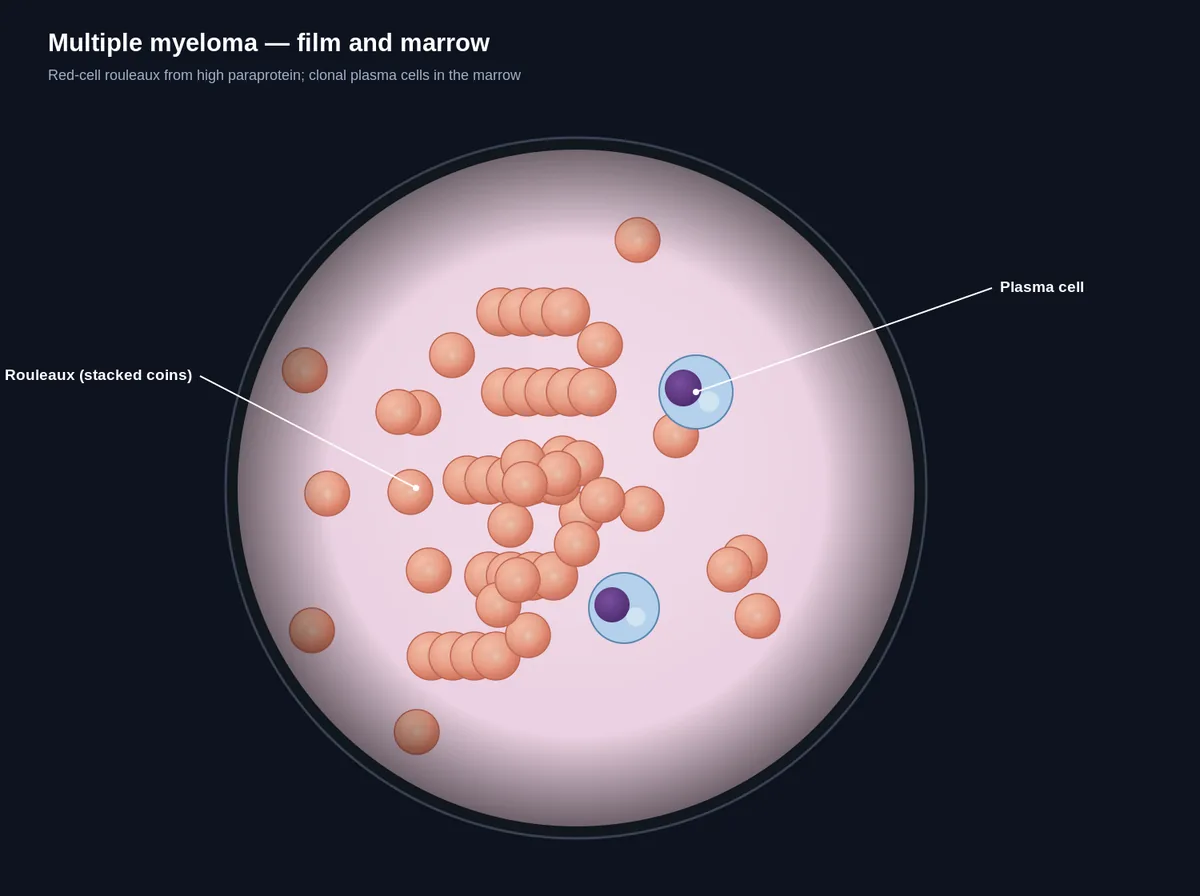 Multiple myeloma — rouleaux & plasma cells