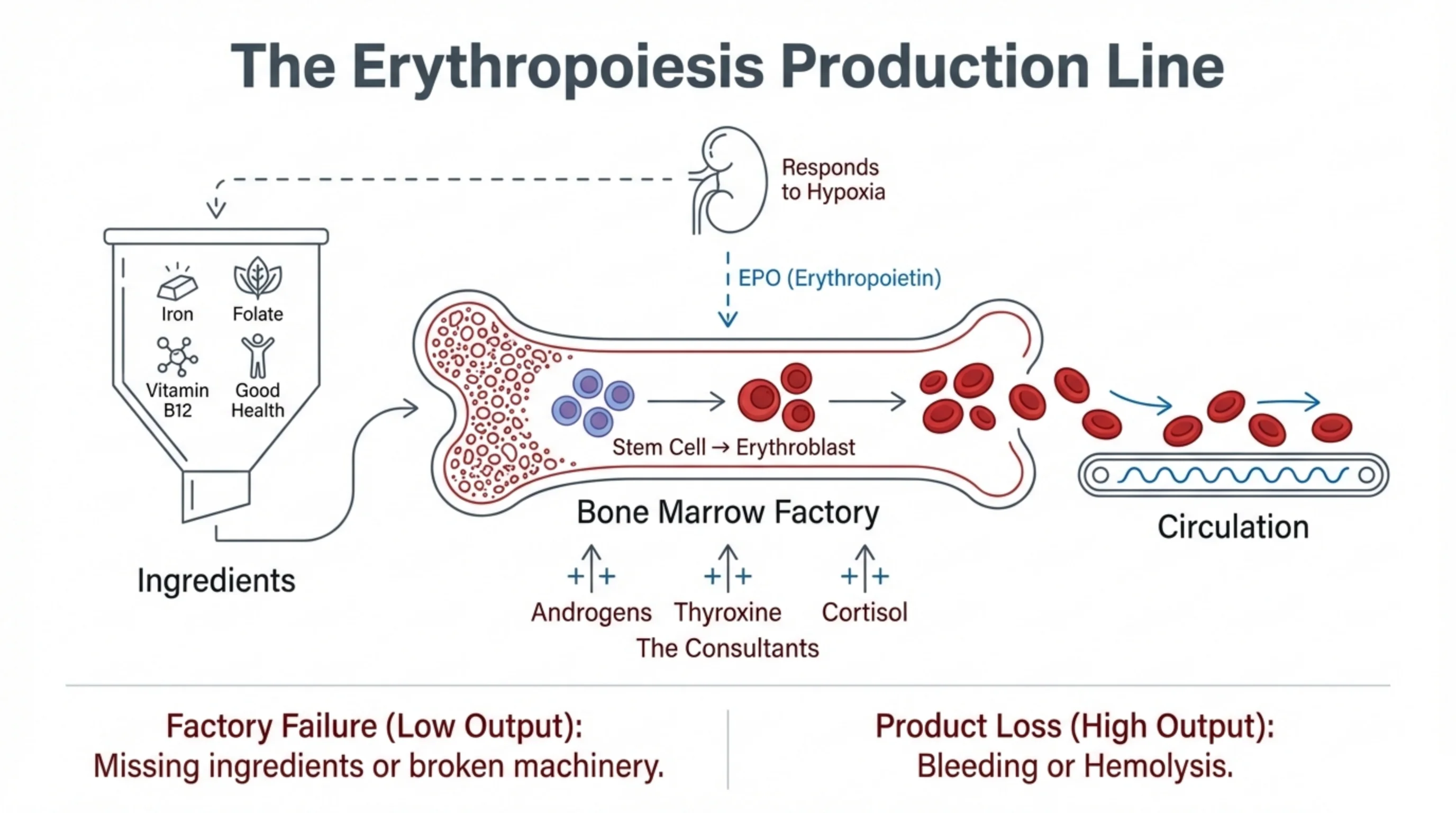 Factory-metaphor diagram of red-cell production: ingredients funnel into a bone-marrow factory, driven by EPO from the kidney and hormonal consultants, producing red cells into circulation.