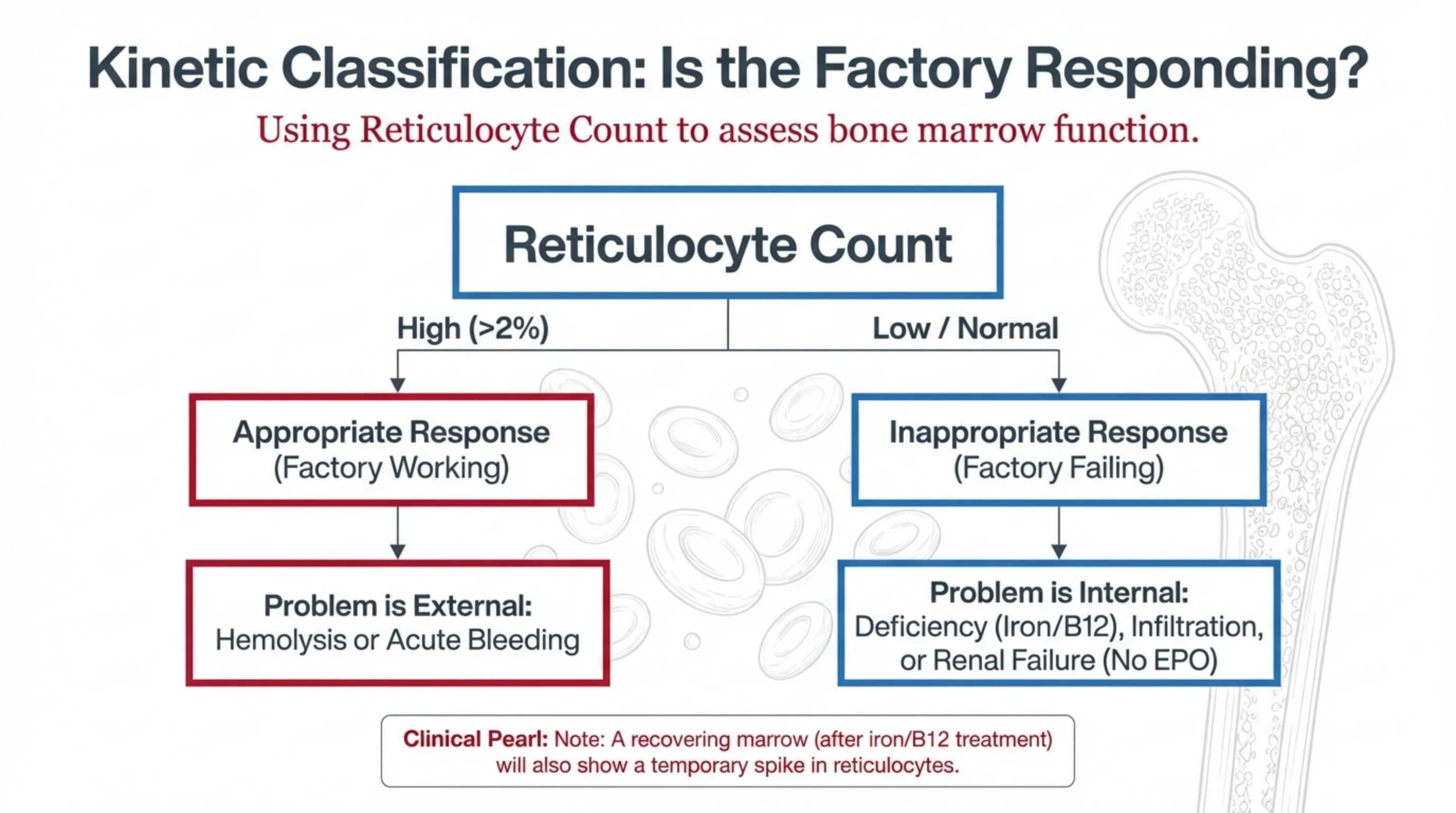 Flowchart branching from reticulocyte count into an appropriate (high) versus inappropriate (low/normal) marrow response with underlying causes.