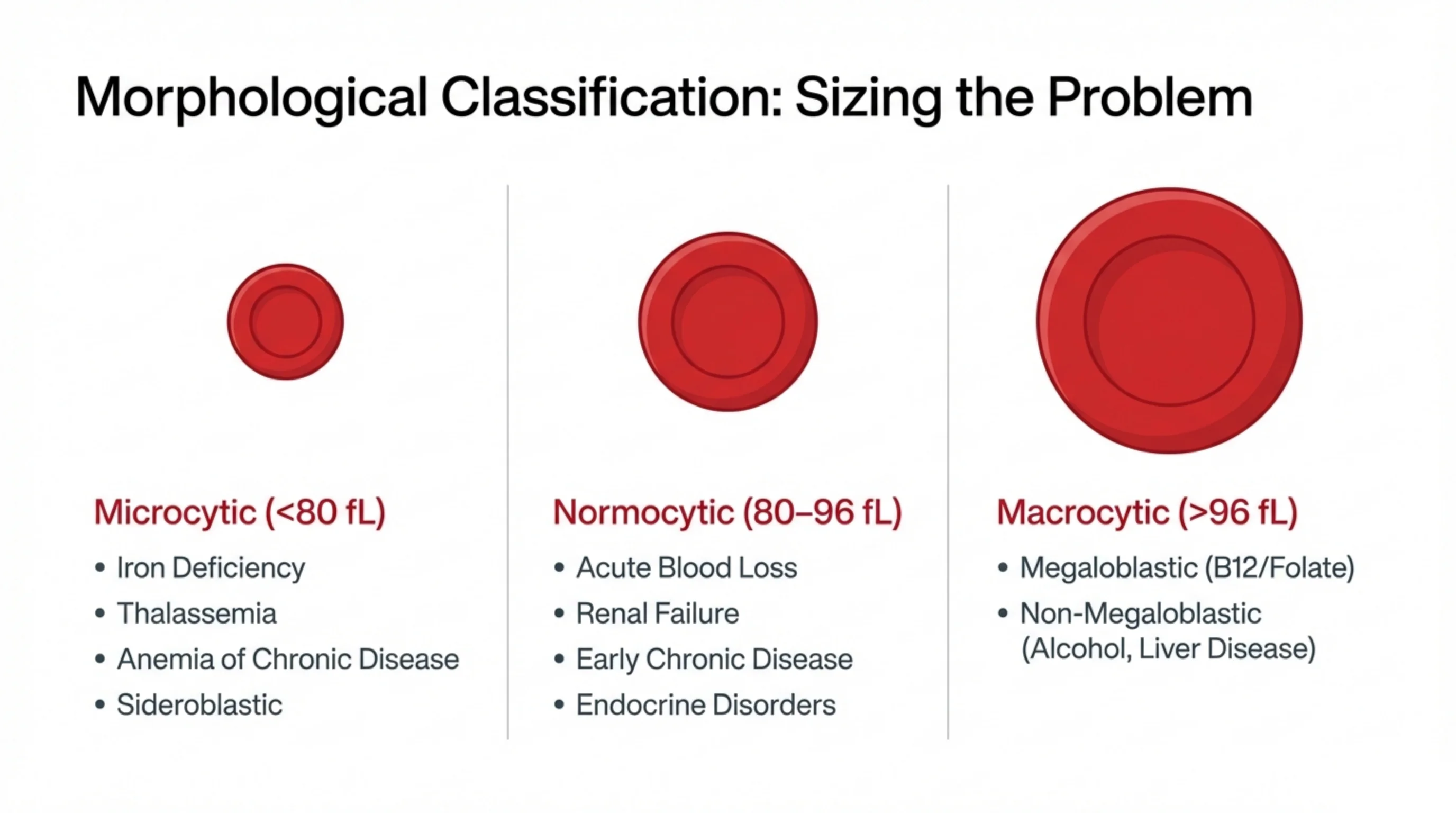Three red blood cells of increasing size illustrating microcytic, normocytic, and macrocytic categories with their MCV ranges and causes.