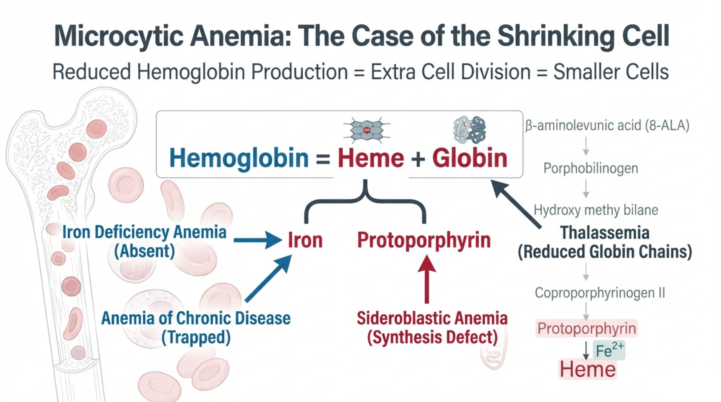 Diagram showing hemoglobin composed of heme (iron + protoporphyrin) plus globin, with the heme synthesis pathway and the microcytic causes mapped to each defective step.