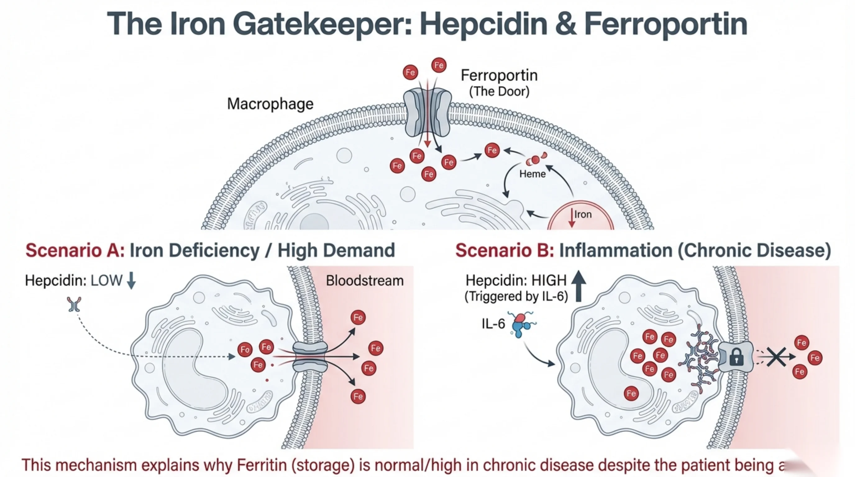 Cell diagram of a macrophage with ferroportin as an iron export door, contrasting Scenario A (iron deficiency, low hepcidin, door open) with Scenario B (inflammation, high hepcidin, door locked).