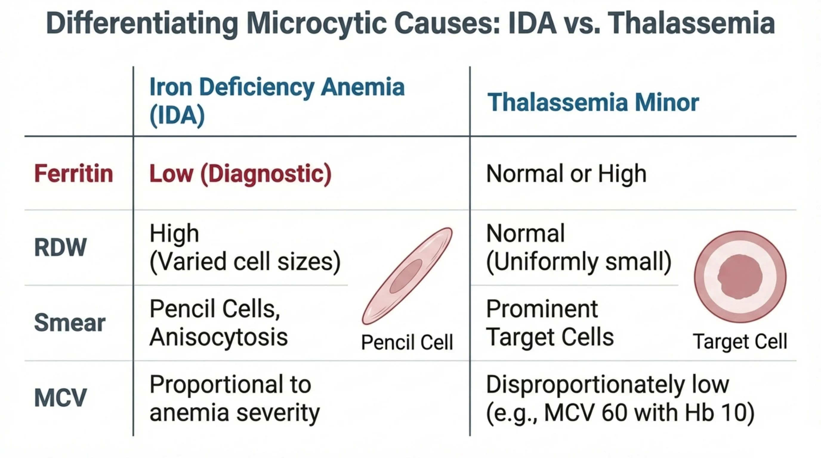 Comparison table of Iron Deficiency Anemia versus Thalassemia Minor across ferritin, RDW, blood smear, and MCV, with a pencil cell and a target cell illustration.