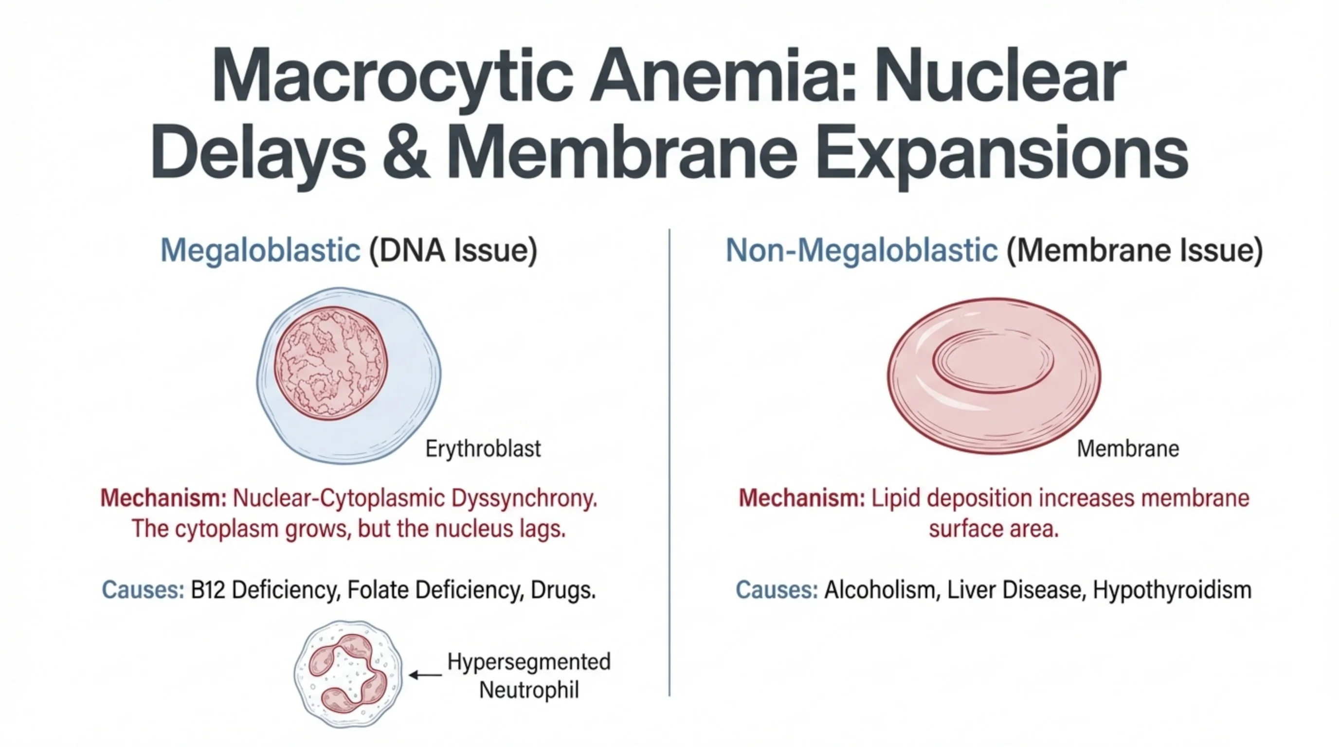 Two-column comparison of megaloblastic (DNA problem, large erythroblast, hypersegmented neutrophil) versus non-megaloblastic (membrane problem, round macrocyte) anemia.