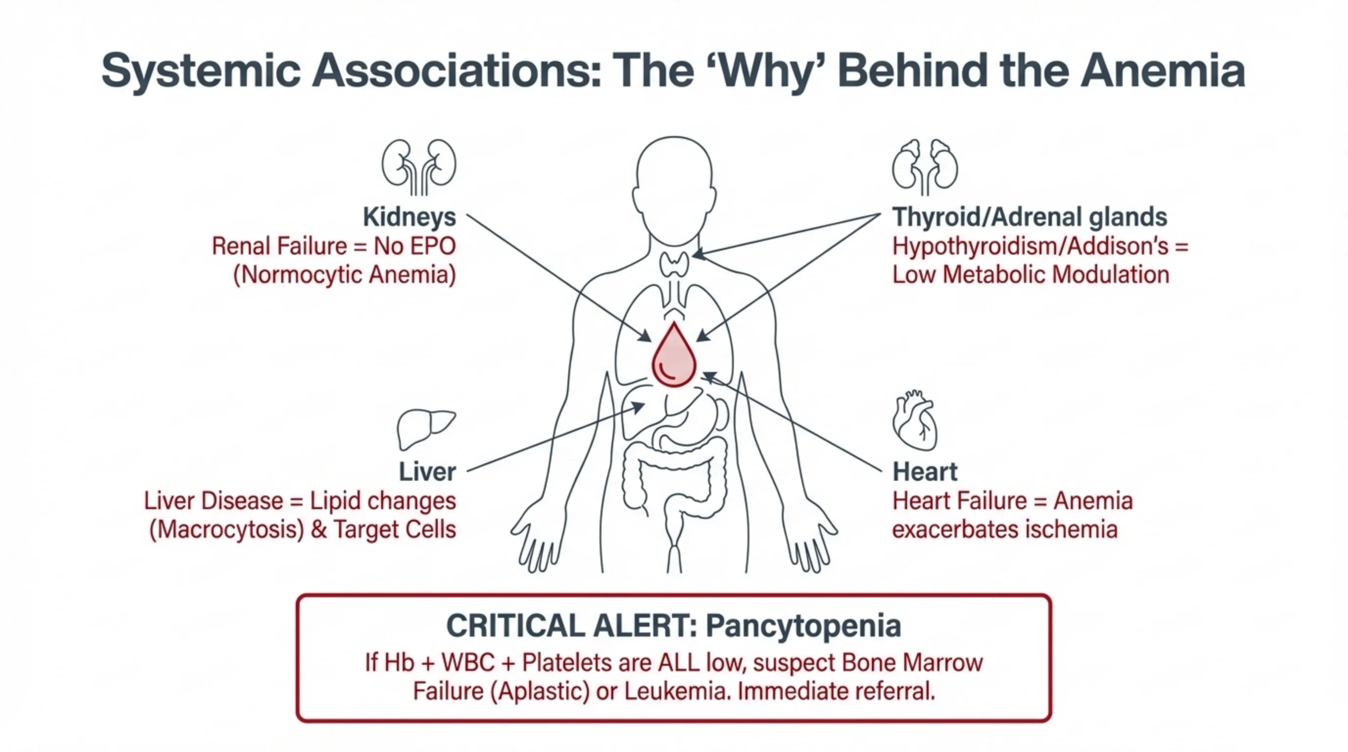 Body diagram linking organs (kidneys, thyroid/adrenal, liver, heart) to their anemia mechanisms, with a critical alert box on pancytopenia.