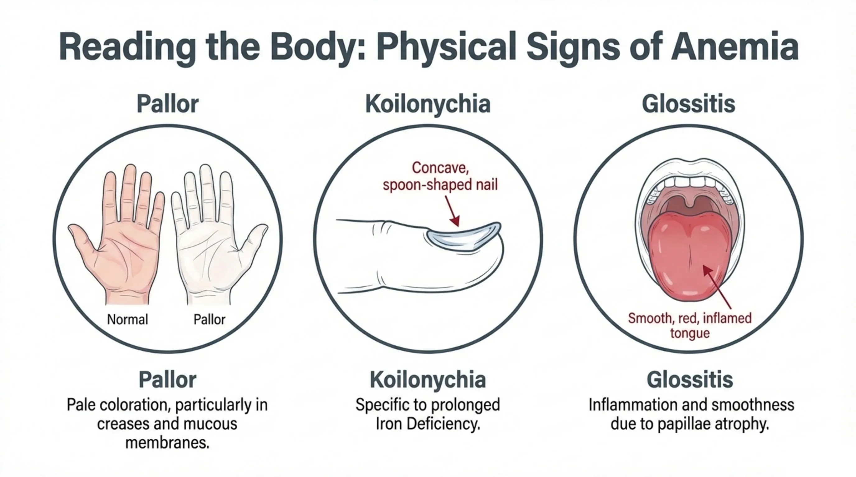 Three circular illustrations showing pallor of the palm, koilonychia (spoon-shaped nail), and glossitis (smooth red tongue).