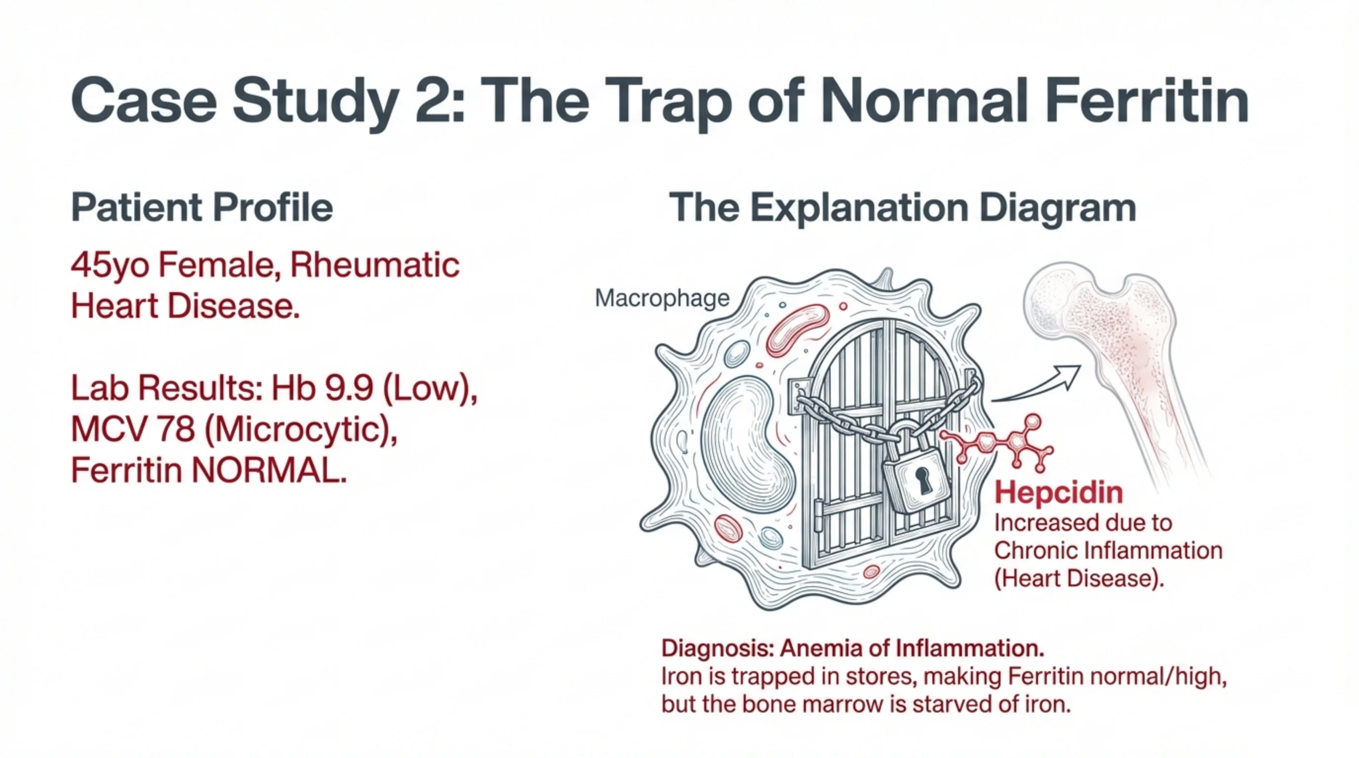 Case slide with a patient profile beside a diagram of a macrophage locked by a chained gate (hepcidin) trapping iron away from the bone marrow.