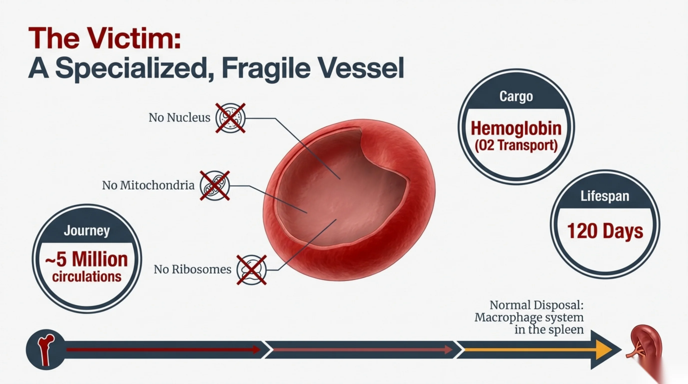 Diagram of a red blood cell labeled with its features and lifecycle, from bone marrow to disposal in the spleen.