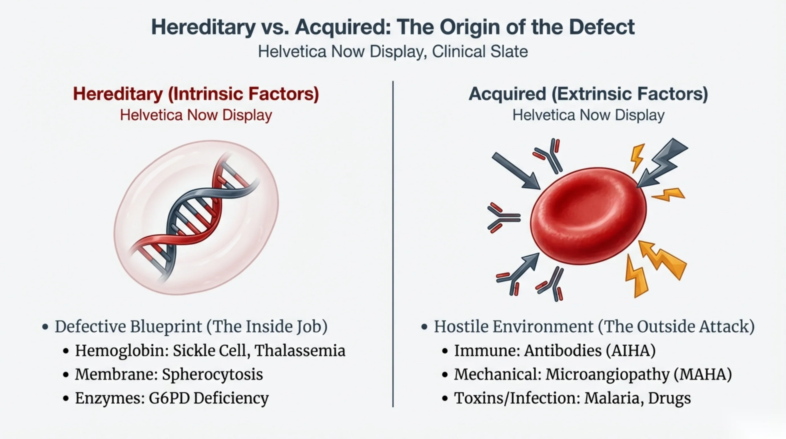 Two-column comparison contrasting hereditary intrinsic causes (DNA inside an RBC) with acquired extrinsic causes (an RBC under external attack).