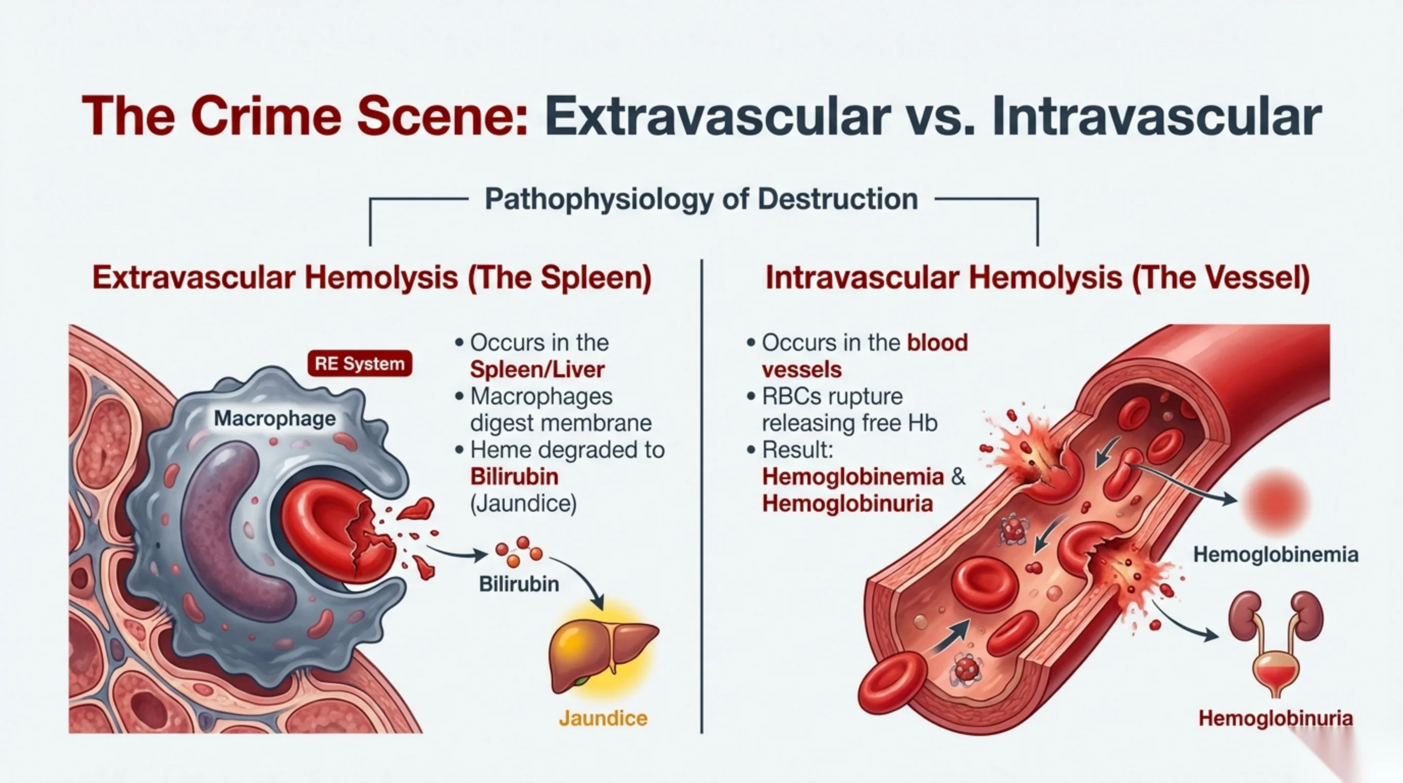 Split diagram comparing extravascular hemolysis (macrophage engulfing an RBC in the spleen, producing bilirubin and jaundice) with intravascular hemolysis (RBCs rupturing inside a vessel).