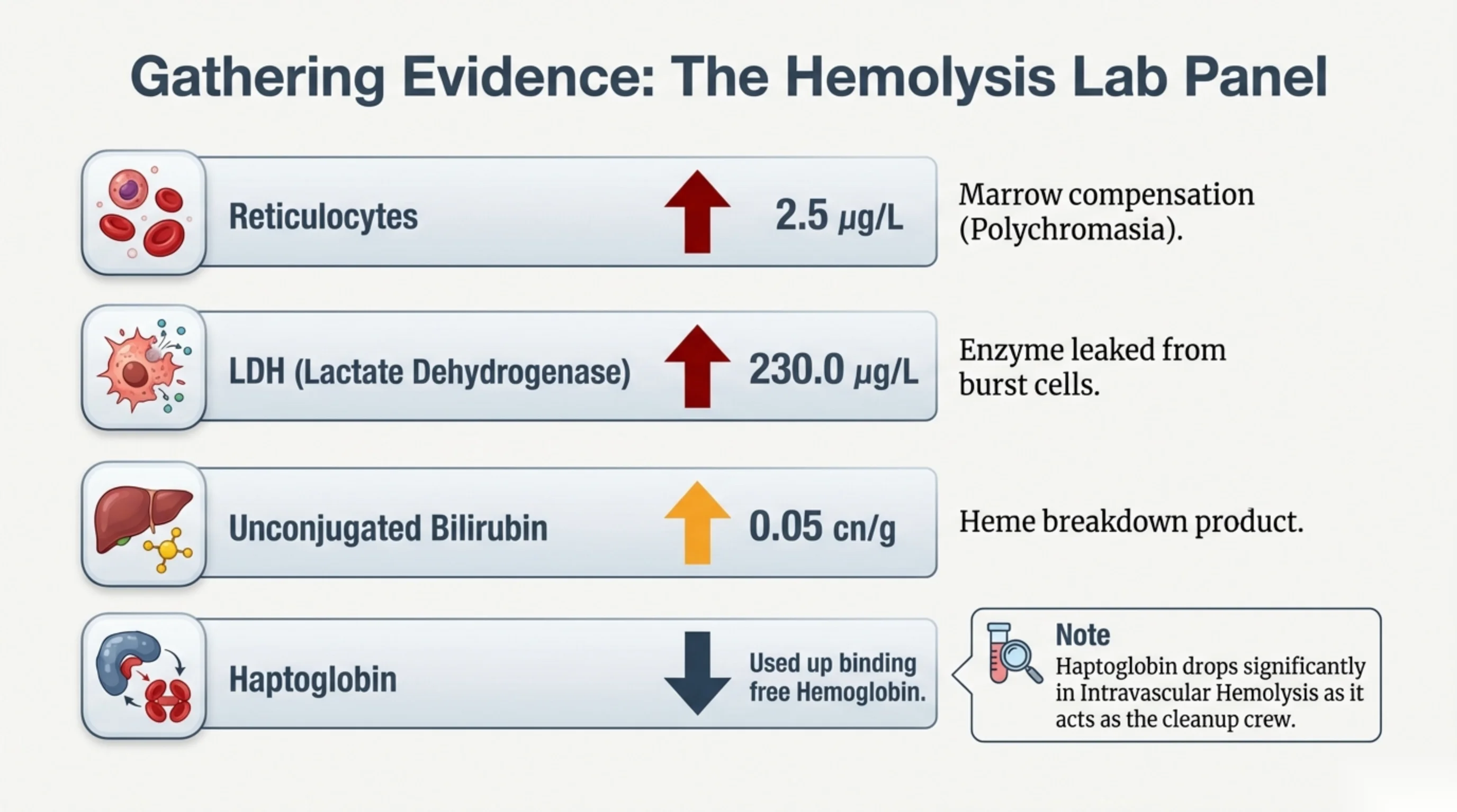 Lab panel infographic listing four hemolysis markers with up or down arrows, values, and explanatory notes.