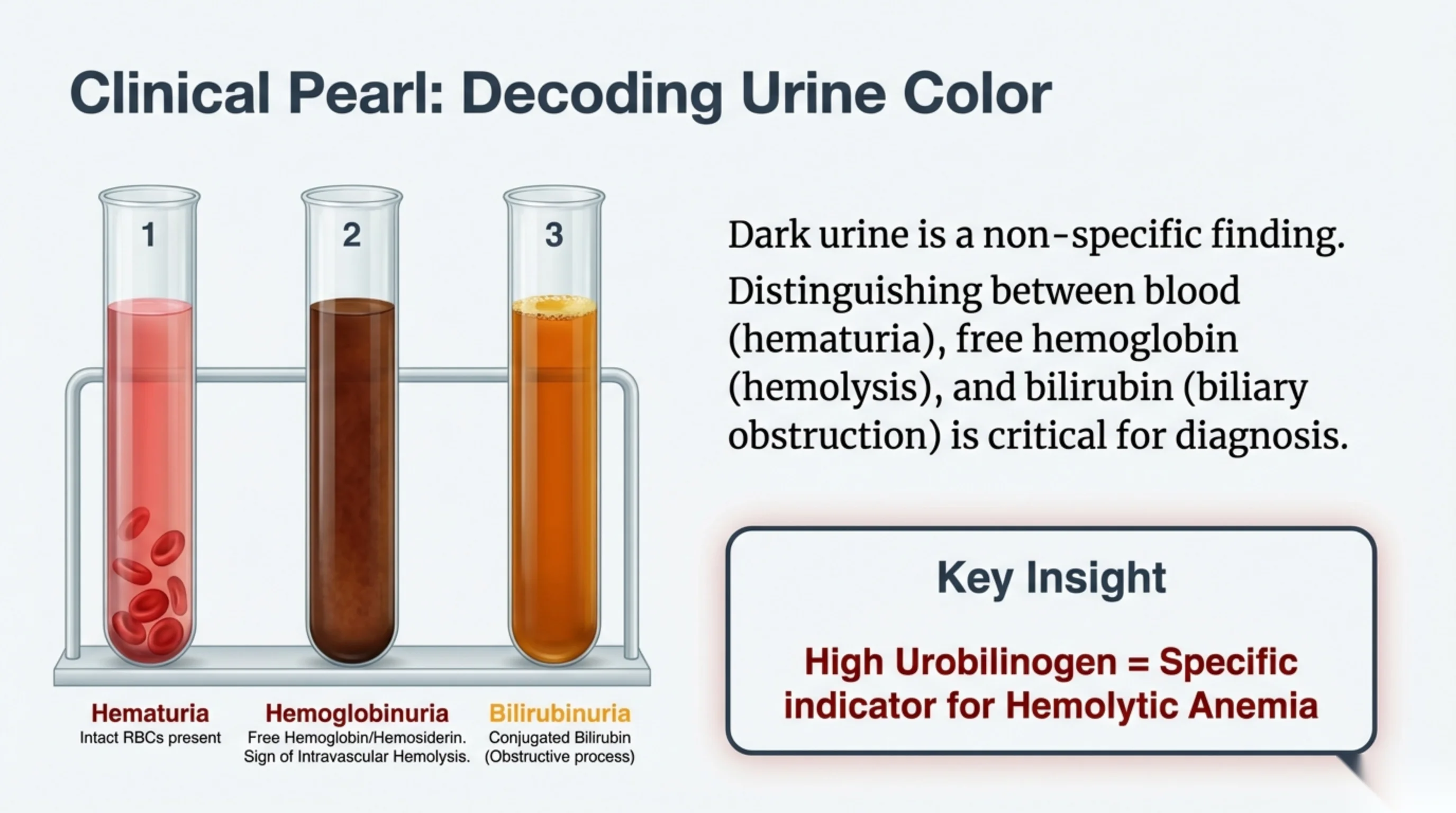 Three urine sample test tubes (red hematuria, dark brown hemoglobinuria, orange bilirubinuria) with explanatory text and a key insight box.