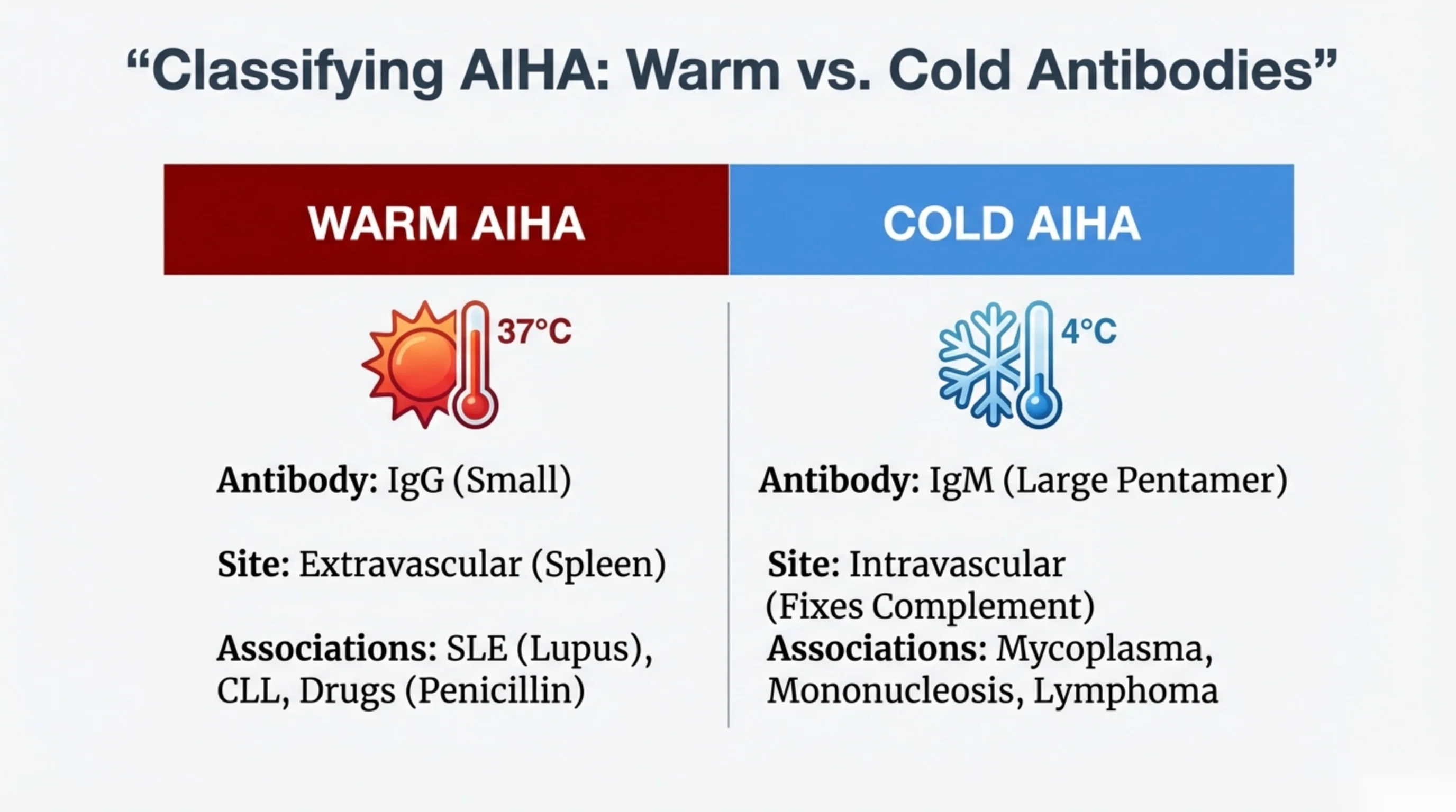 Two-column comparison of Warm AIHA (sun, 37 degrees C) and Cold AIHA (snowflake, 4 degrees C) antibody types.