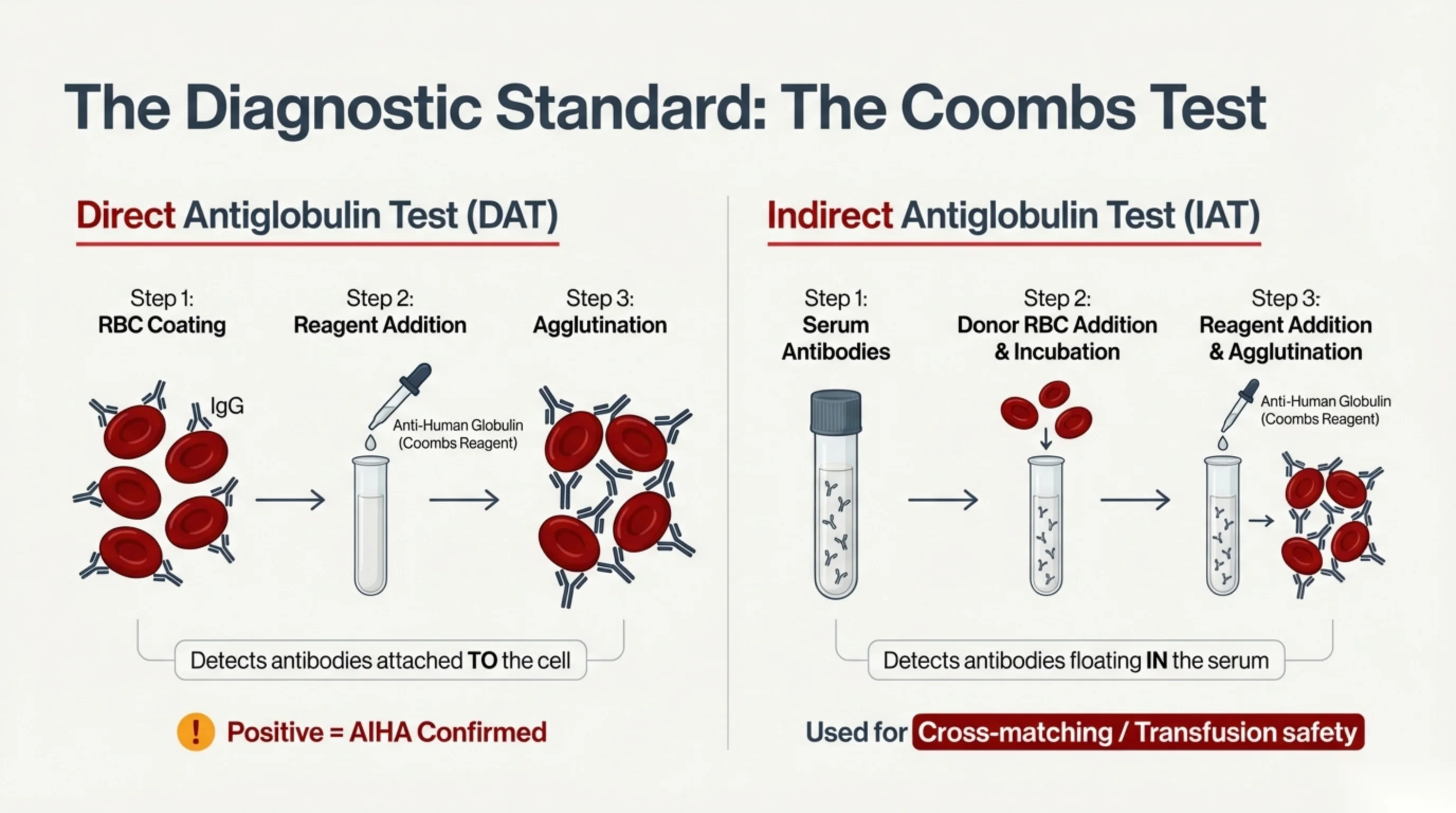 Side-by-side three-step diagrams of the Direct Antiglobulin Test (DAT) and Indirect Antiglobulin Test (IAT) showing RBC agglutination.
