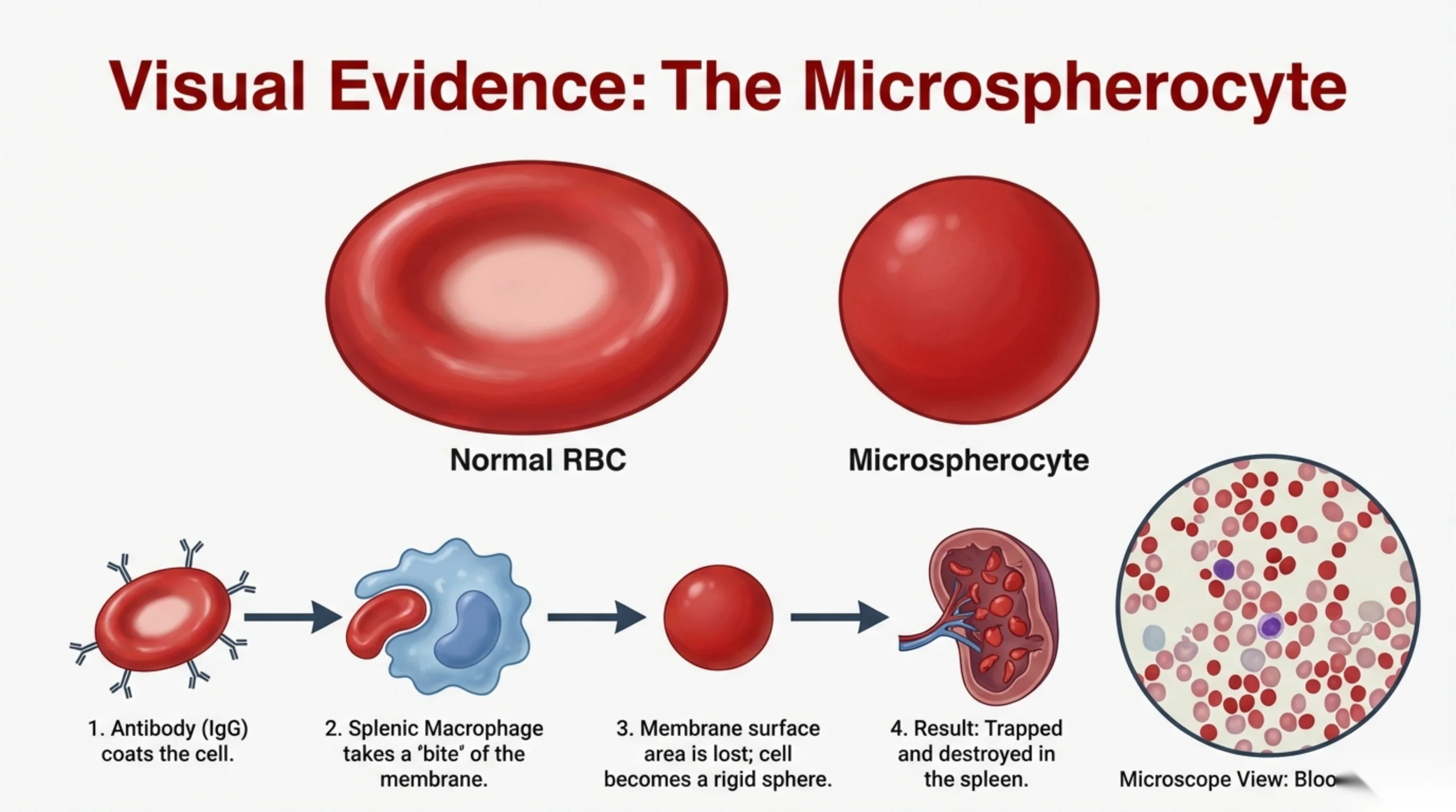 Comparison of a normal biconcave RBC with a microspherocyte, plus a four-step sequence showing antibody coating, macrophage biting, sphere formation, and splenic destruction, and a blood smear microscope view.