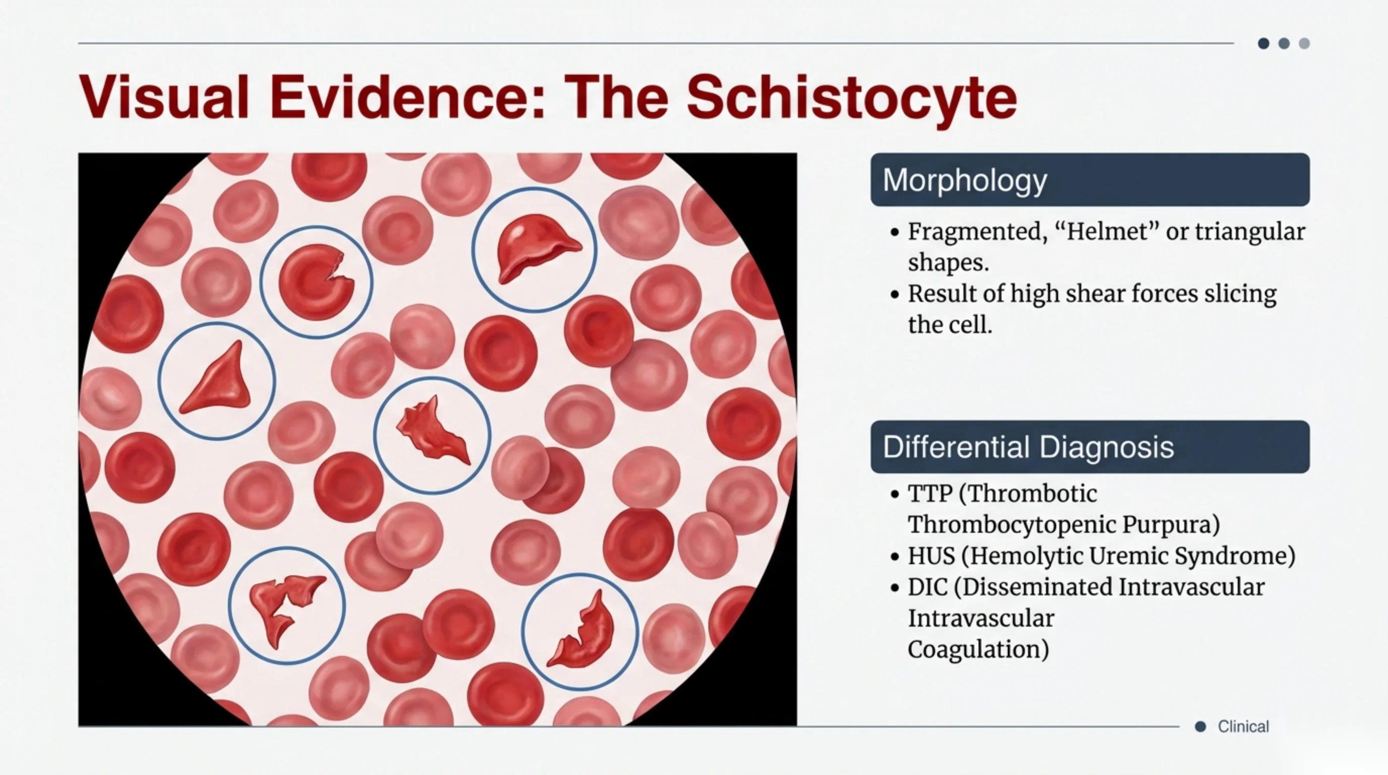 Blood smear microscope view circling several fragmented schistocytes, with morphology and differential diagnosis text panels.