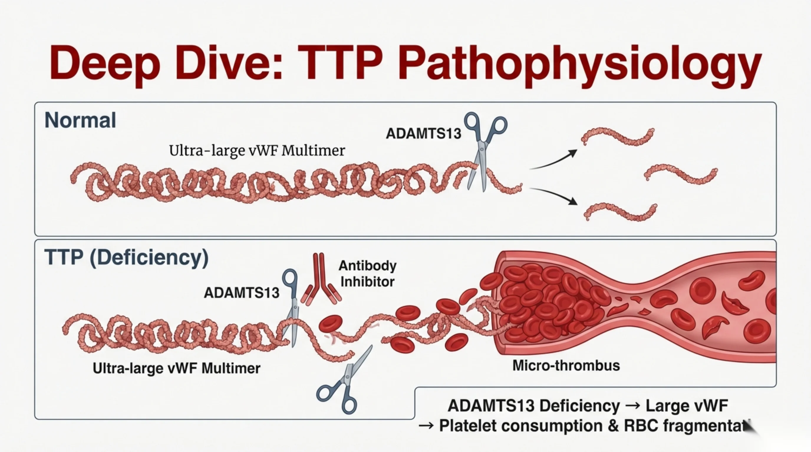 Two-panel diagram contrasting normal ADAMTS13 cleaving vWF multimers with TTP, where antibody inhibition of ADAMTS13 leaves large vWF forming a micro-thrombus.