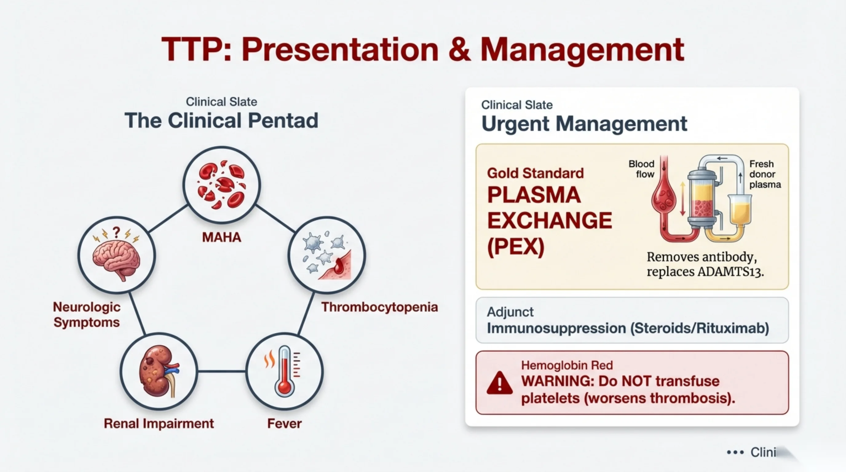 Pentagon diagram of the TTP clinical pentad on the left and an urgent management panel showing plasma exchange apparatus on the right.