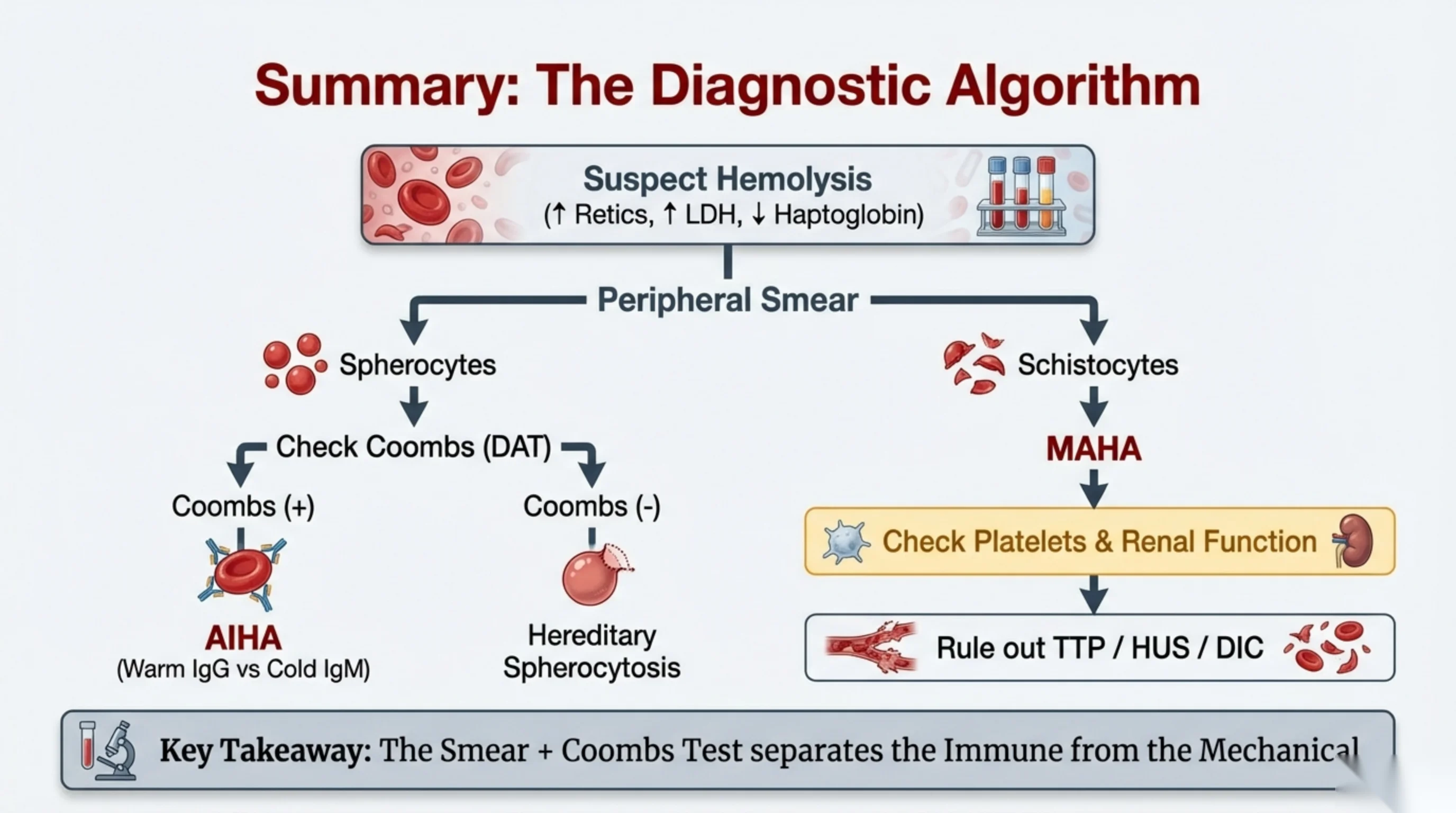 Flowchart algorithm branching from suspected hemolysis through the peripheral smear into spherocyte and schistocyte pathways.
