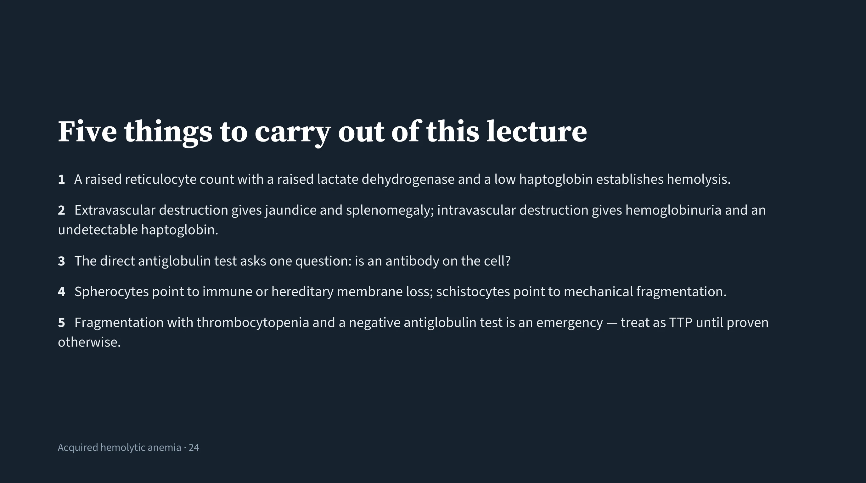 A dark closing slide listing five numbered take-home points in white text, one per line, with no illustration.
