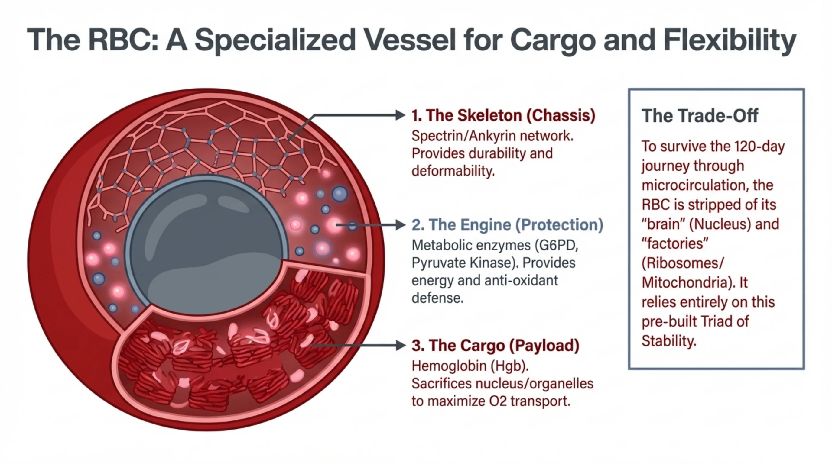 Cutaway diagram of a red blood cell labeling three internal components—membrane skeleton, metabolic enzymes, and hemoglobin cargo—with a side box describing the survival trade-off.