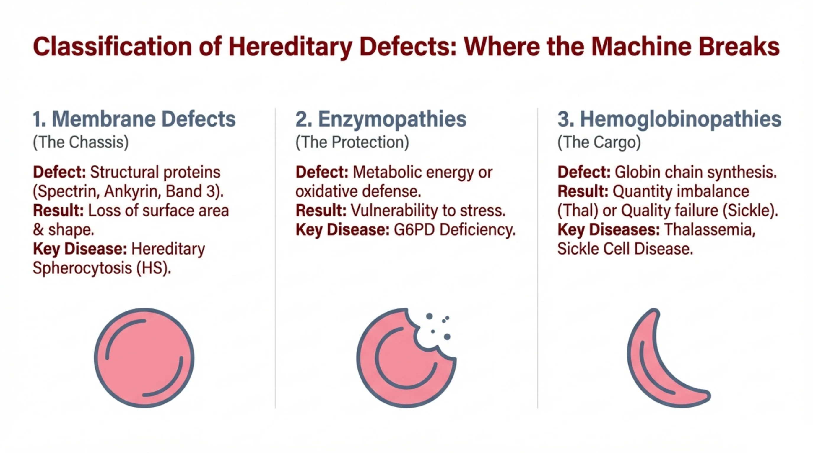 Three-column comparison of hereditary RBC defect categories, each with an icon of the resulting cell shape.