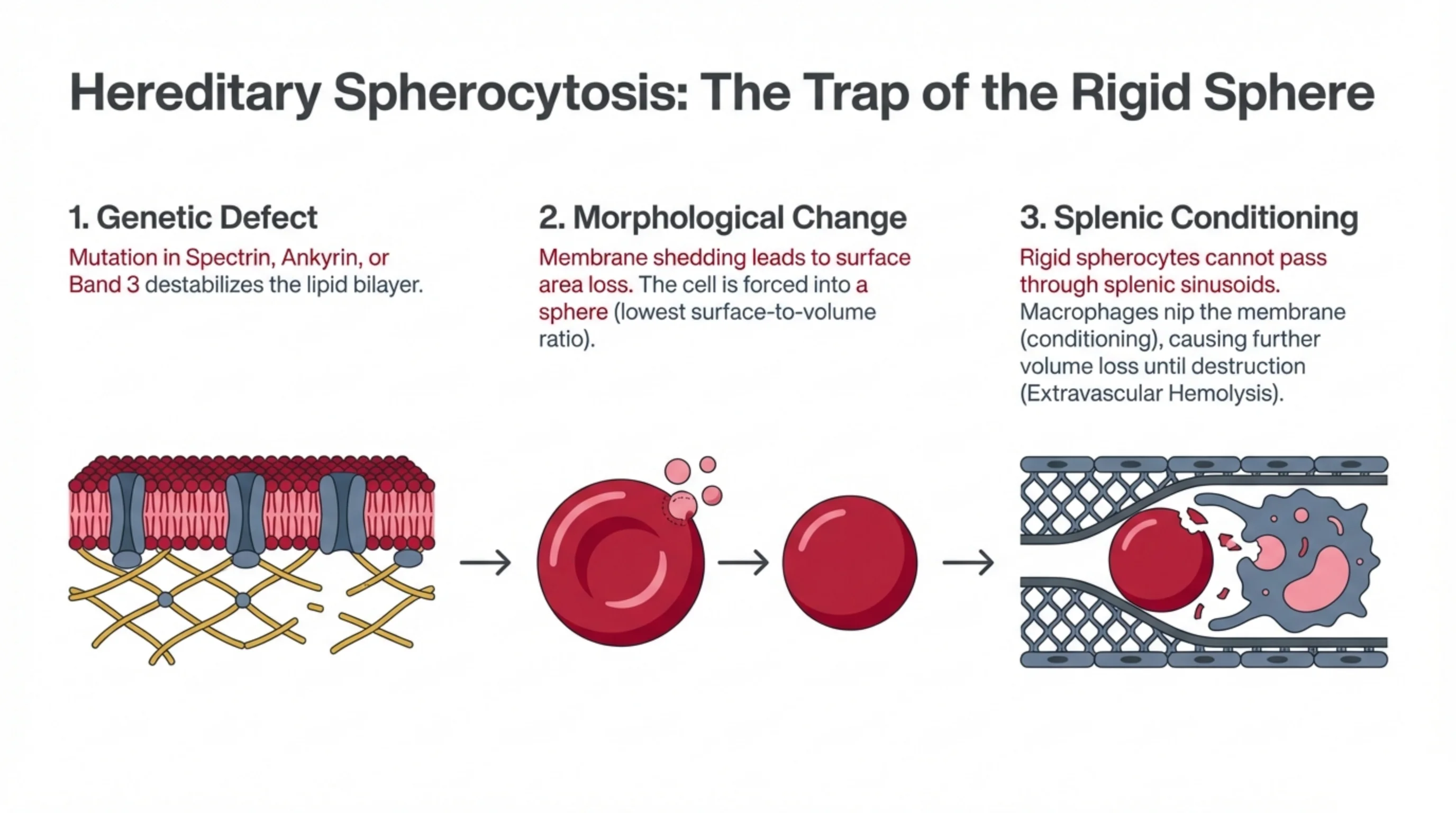 Three-step flow diagram progressing from a membrane skeleton defect to a spherocyte to splenic macrophage destruction.