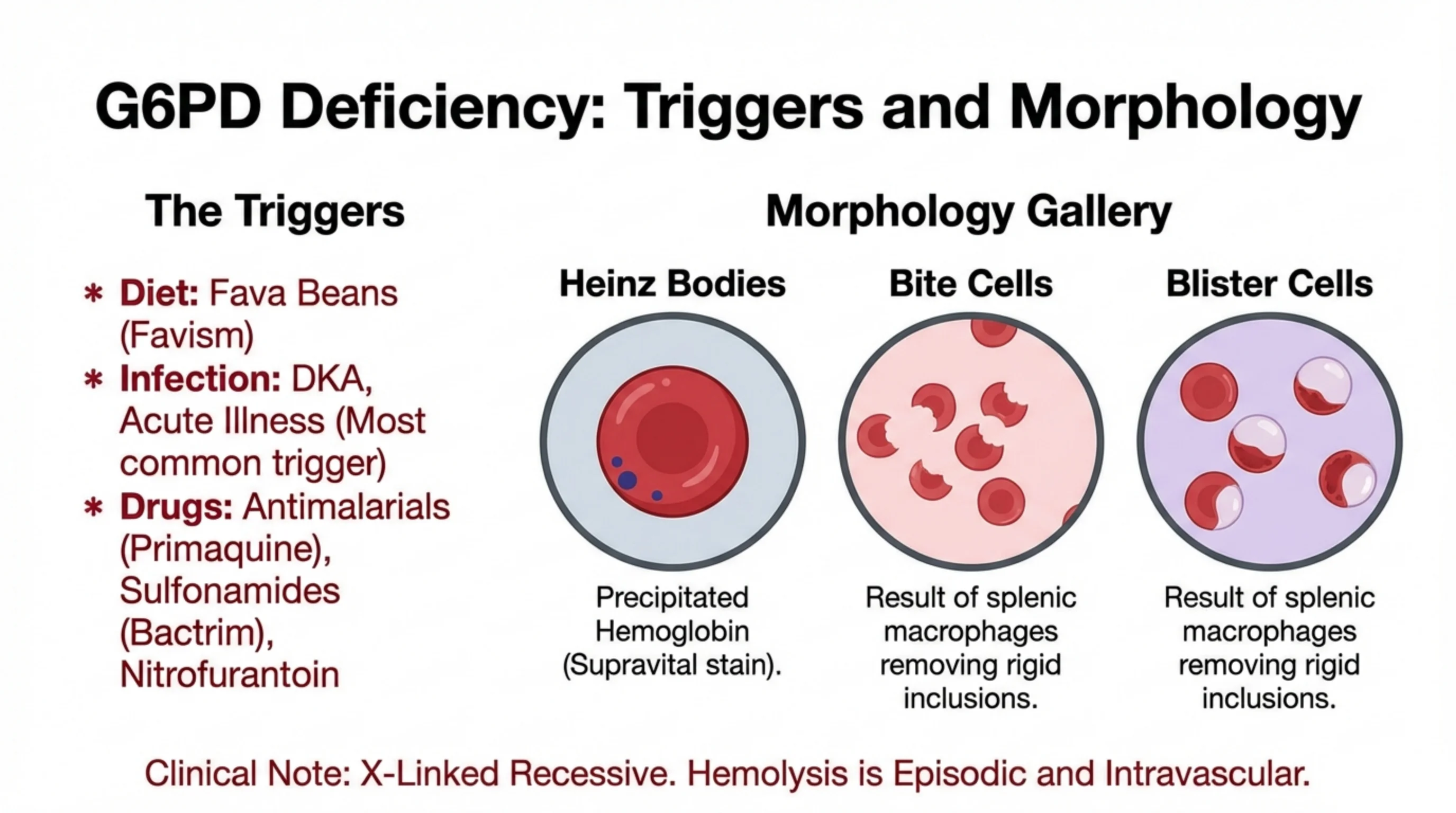 Left column lists hemolysis triggers; right side is a morphology gallery of three stained cells—Heinz bodies, bite cells, and blister cells.