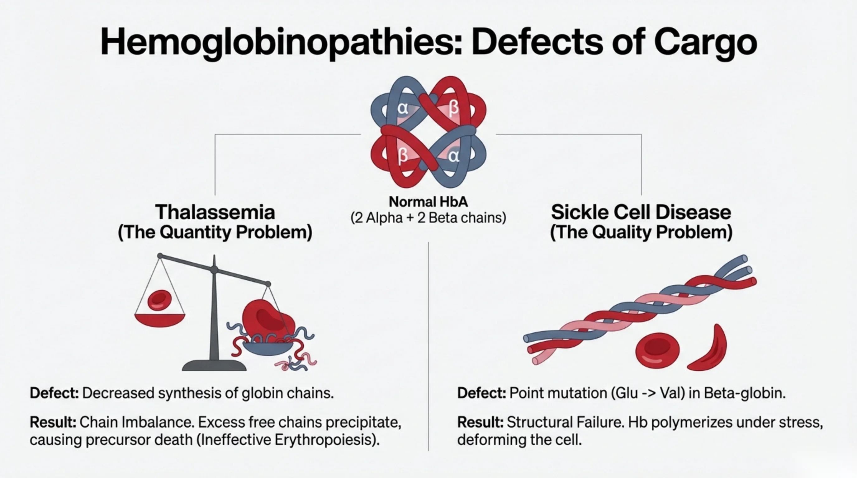 Central normal hemoglobin tetramer diagram branching to two problem types—thalassemia shown as an imbalanced scale, and sickle cell disease shown as polymerizing fibers.