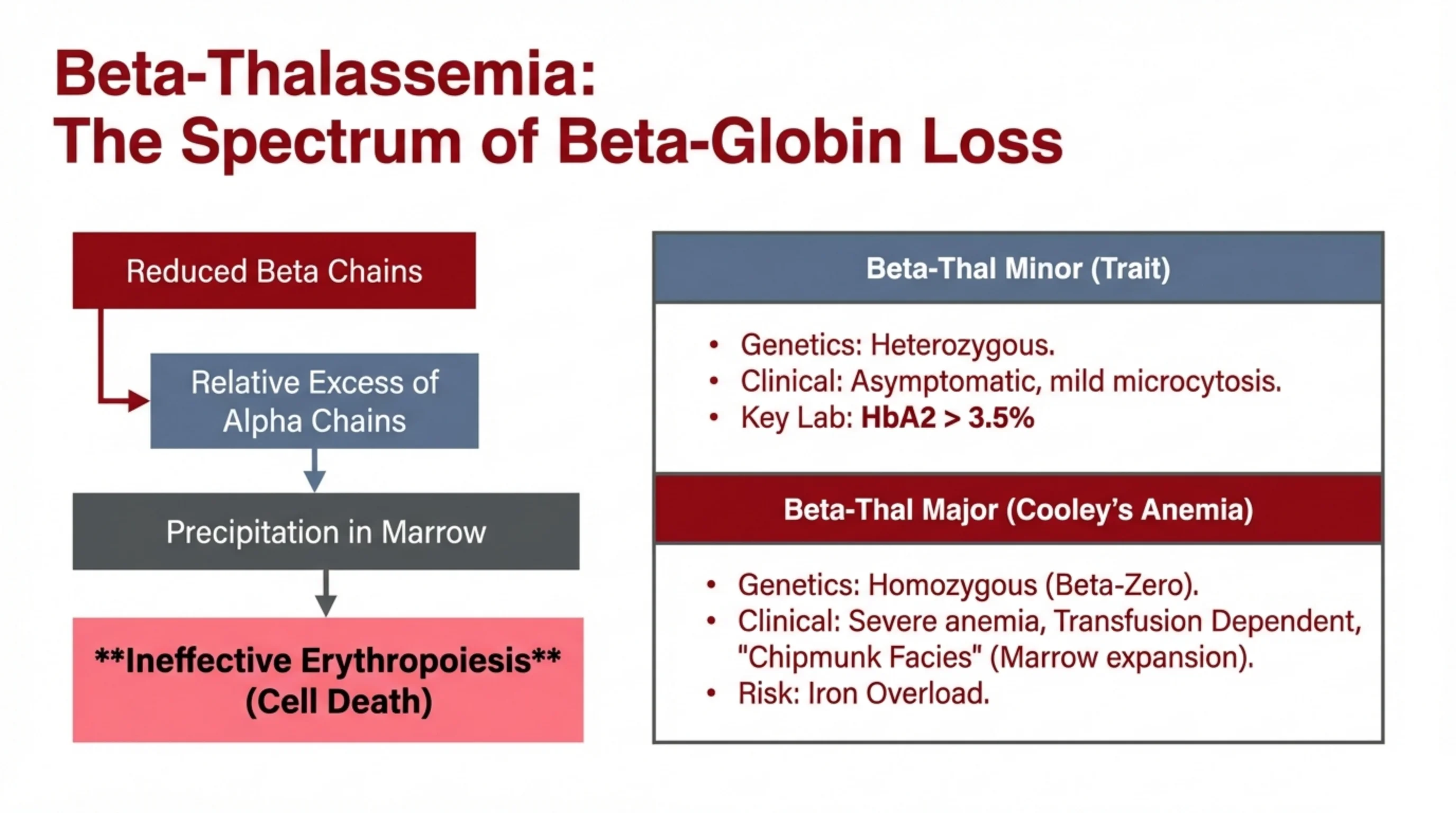 Left flowchart shows how reduced beta chains lead to ineffective erythropoiesis; right side compares Beta-Thal Minor and Beta-Thal Major features.