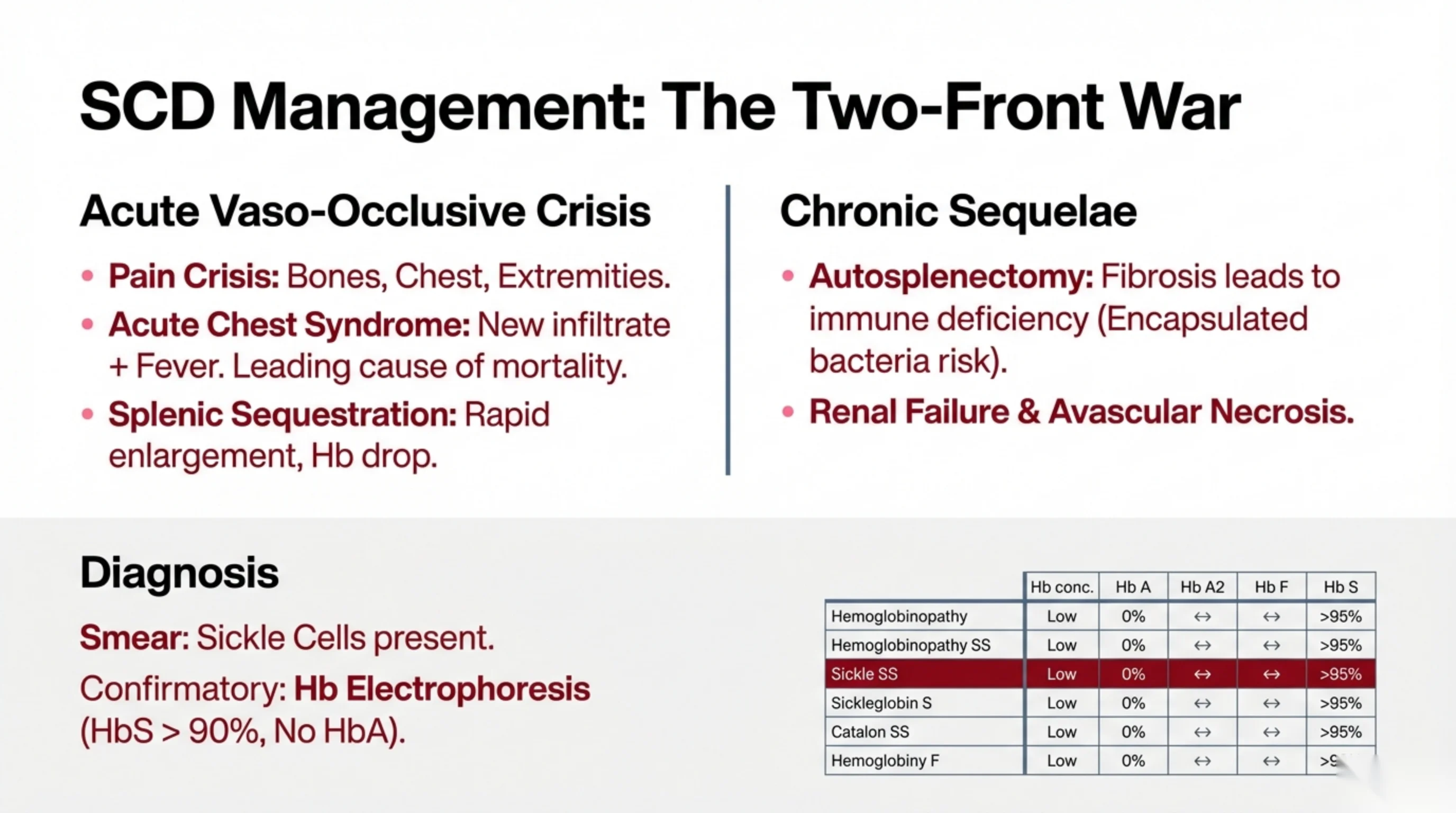 Two-column management list (acute crises vs chronic sequelae) above a diagnosis section with a hemoglobin electrophoresis table.
