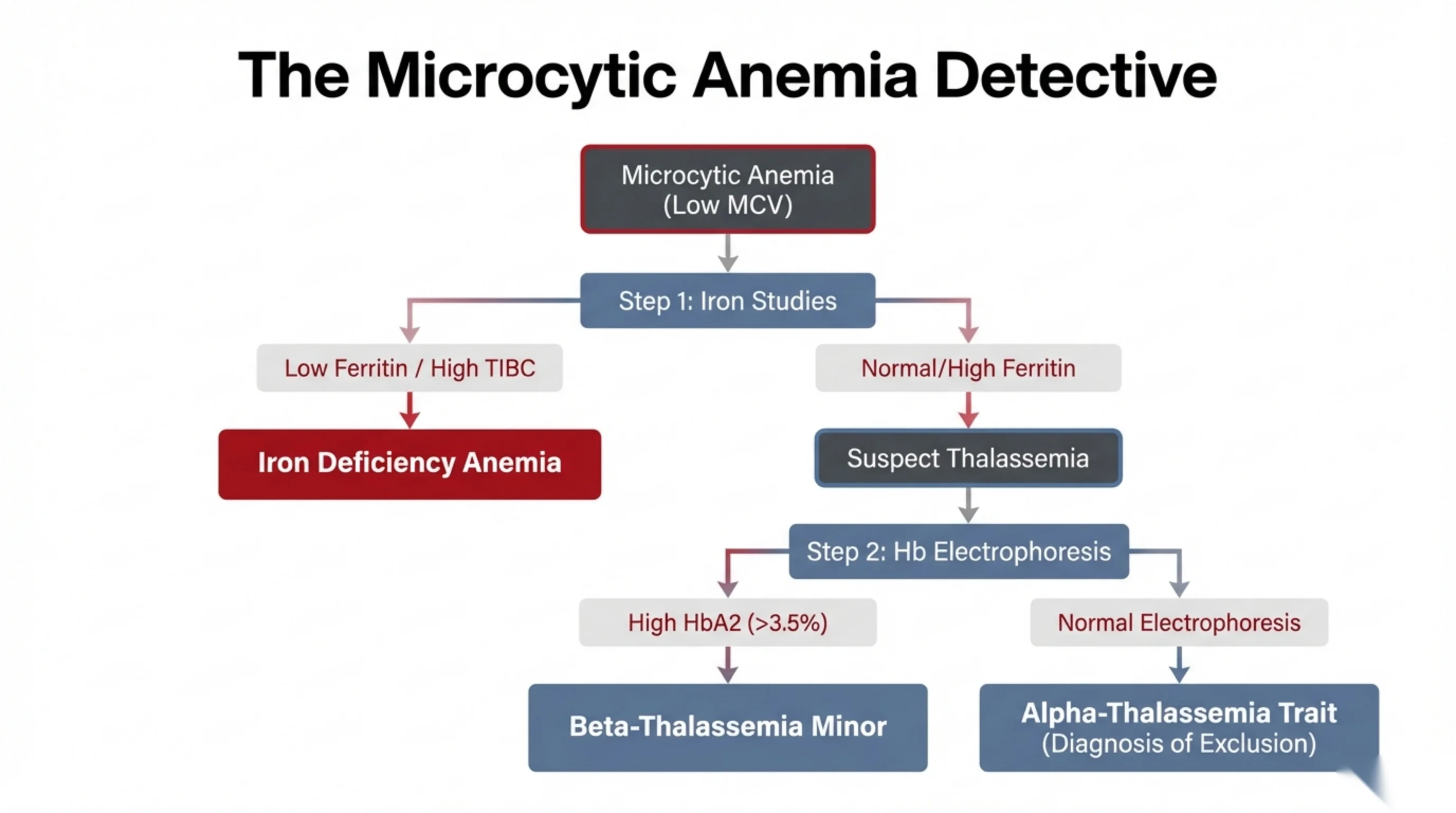Diagnostic flowchart starting from microcytic anemia, branching through iron studies and hemoglobin electrophoresis to four possible diagnoses.