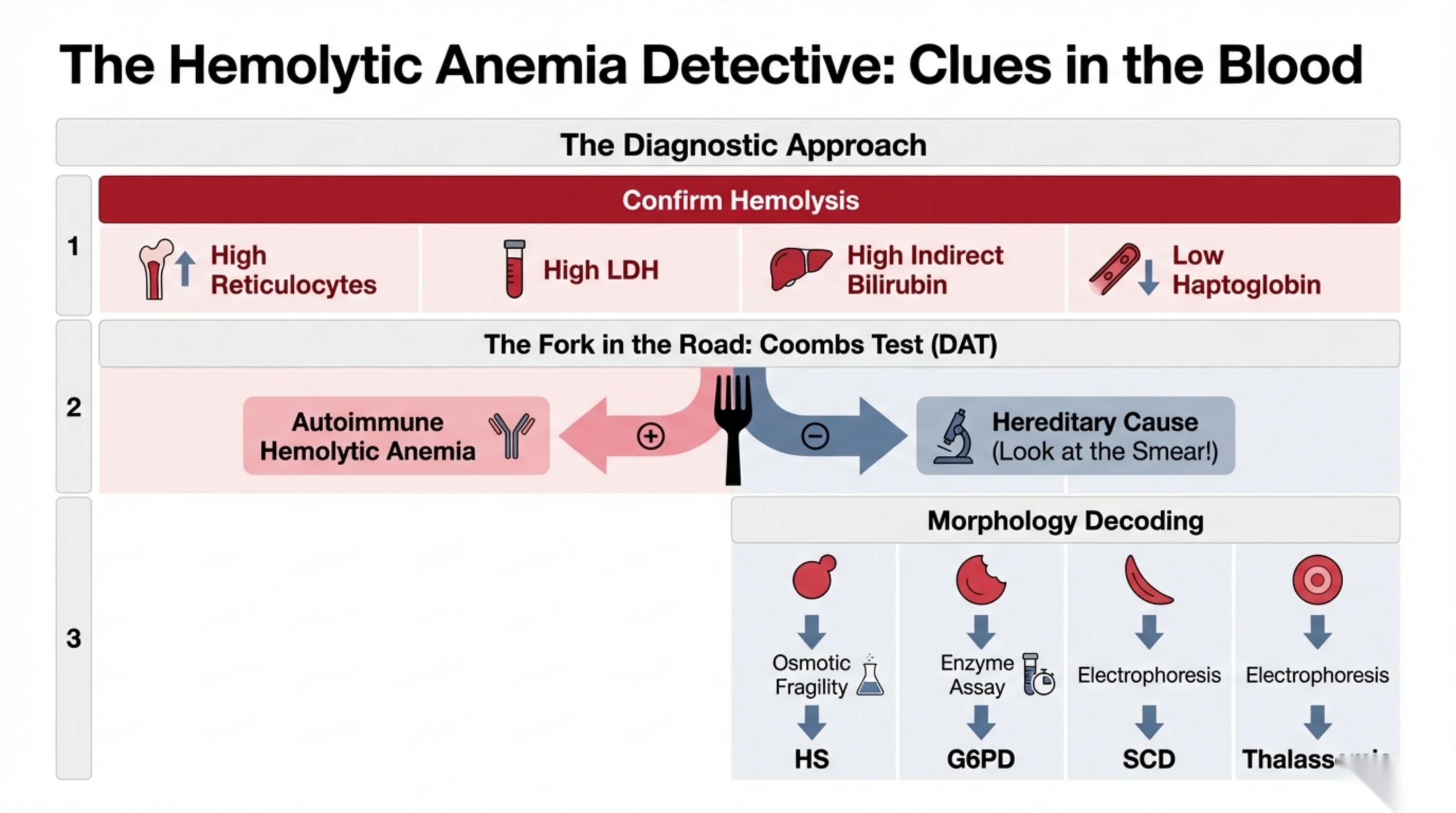 Three-tier diagnostic approach: confirm hemolysis markers, a Coombs test fork splitting autoimmune vs hereditary, and morphology decoding into four confirmatory tests.