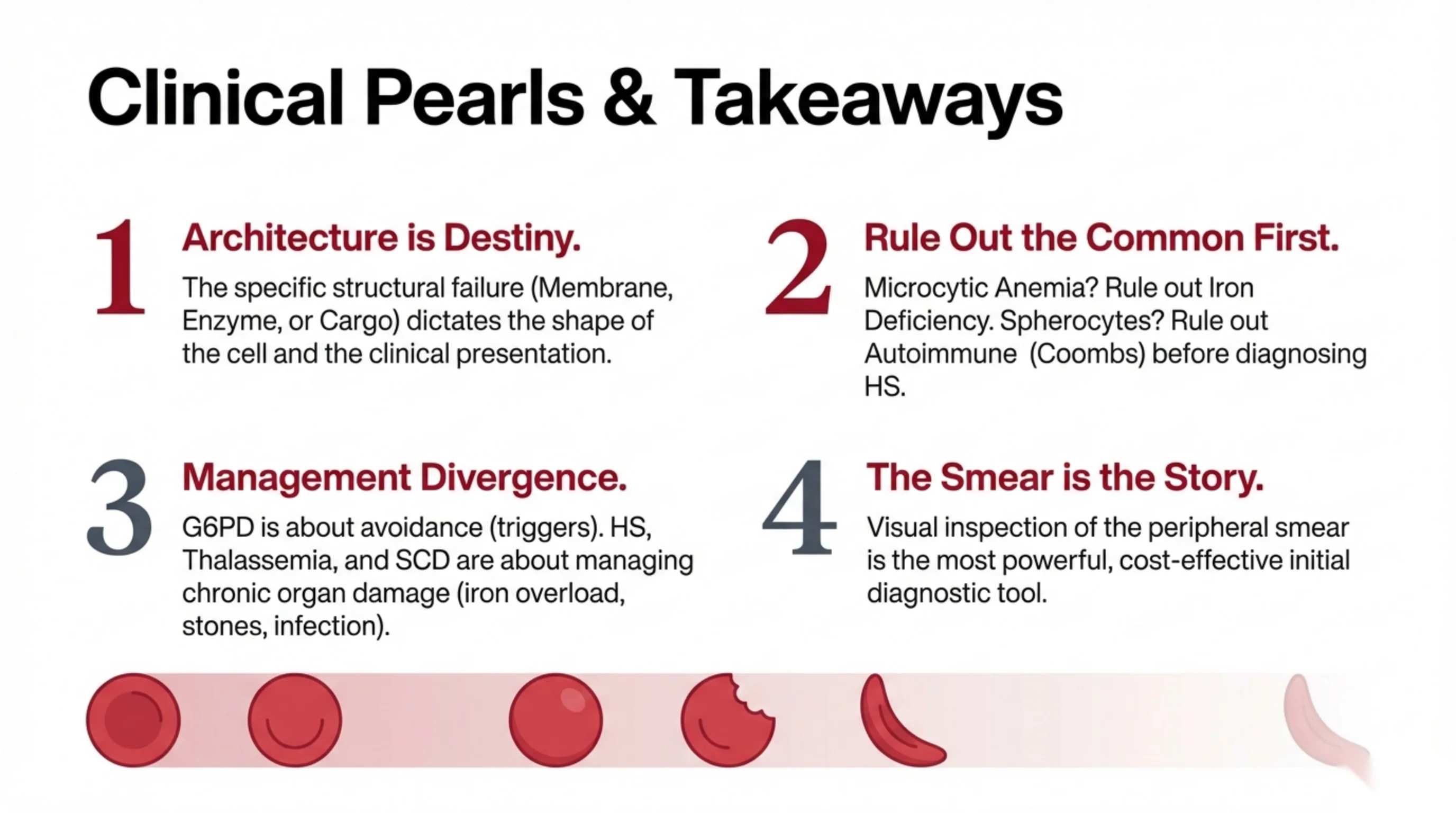 Four numbered takeaway points with a bottom strip illustrating a progression of RBC shapes from normal to sickle.