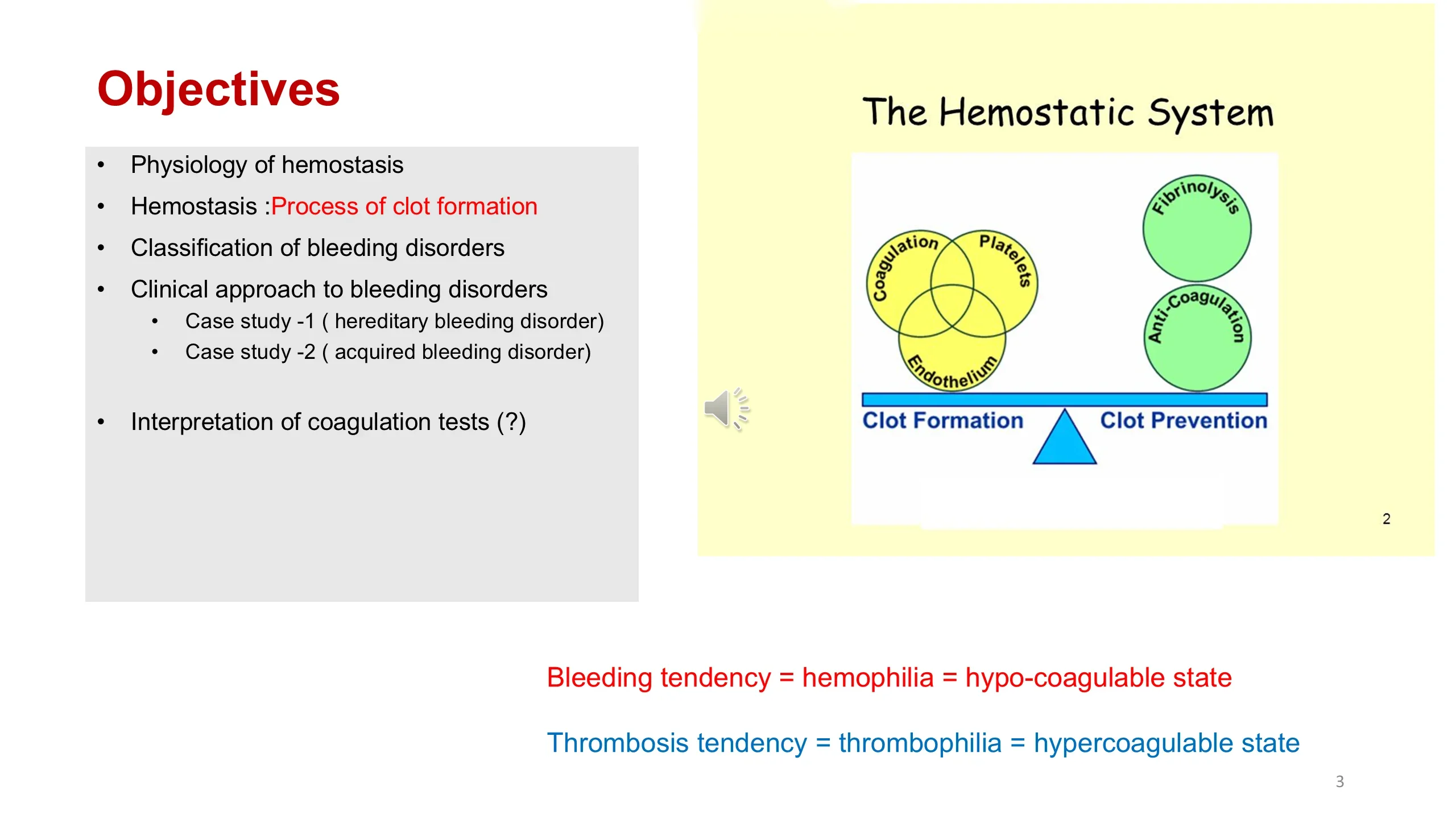 Objectives list on the left; on the right a balance diagram titled The Hemostatic System weighing Clot Formation against Clot Prevention, with two red/blue equations below.
