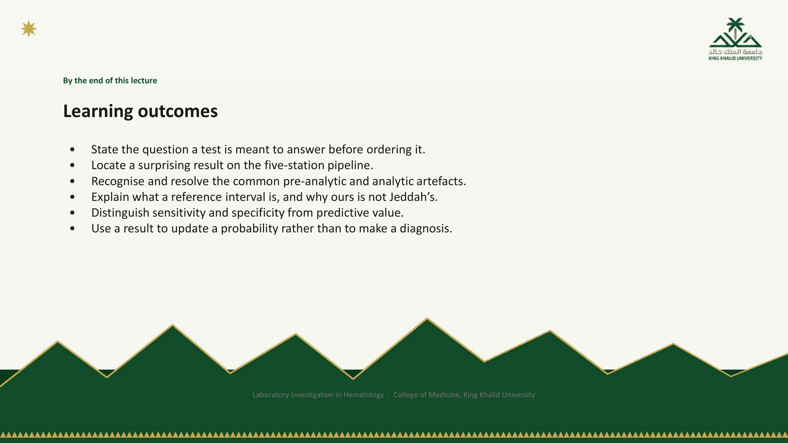 Learning outcomes slide listing six things the student should be able to do by the end of the lecture.