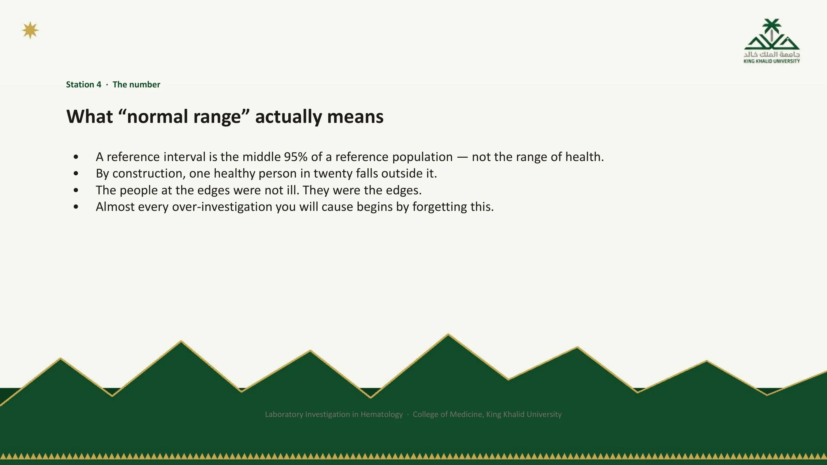 Bullet slide defining a reference interval as the middle 95 percent of a reference population, not the range of health, so that one healthy person in twenty falls outside it by construction.