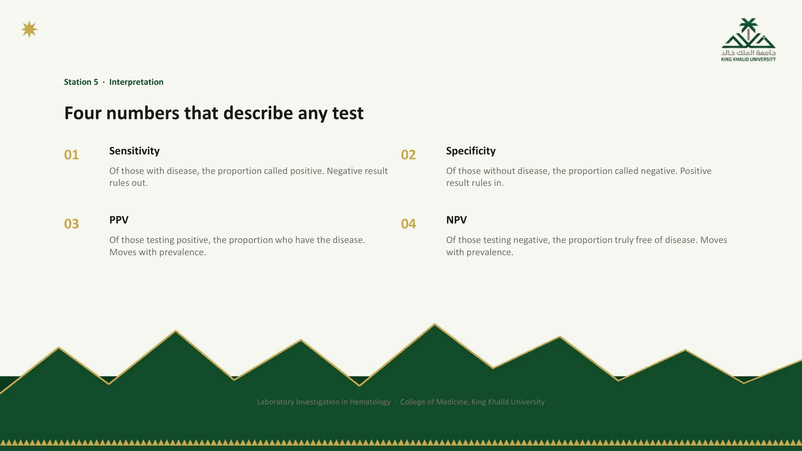 Slide defining sensitivity, specificity, positive predictive value and negative predictive value in four numbered panels, noting that a negative result of a sensitive test rules out, a positive result of a specific test rules in, and predictive values move with prevalence.
