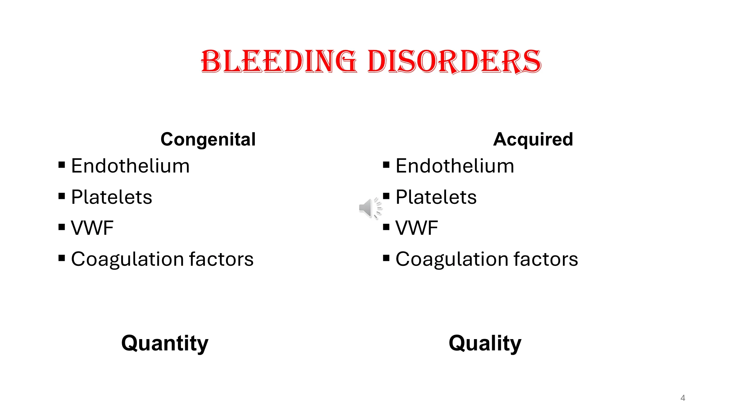 Two-column comparison of congenital versus acquired bleeding disorders, labeled Quantity and Quality respectively.