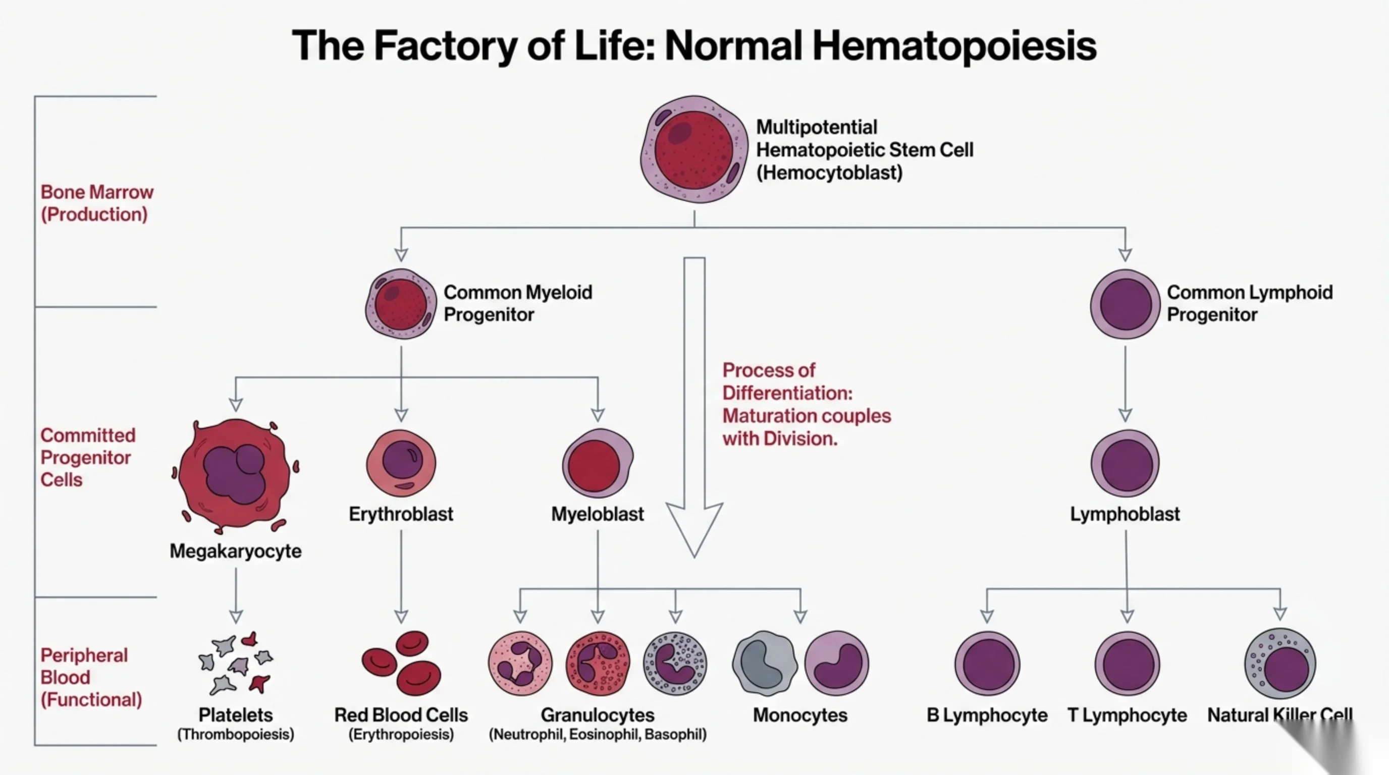 A lineage tree showing how a multipotential hematopoietic stem cell differentiates through myeloid and lymphoid progenitors into all mature blood cell types, organized by bone marrow and peripheral blood tiers.