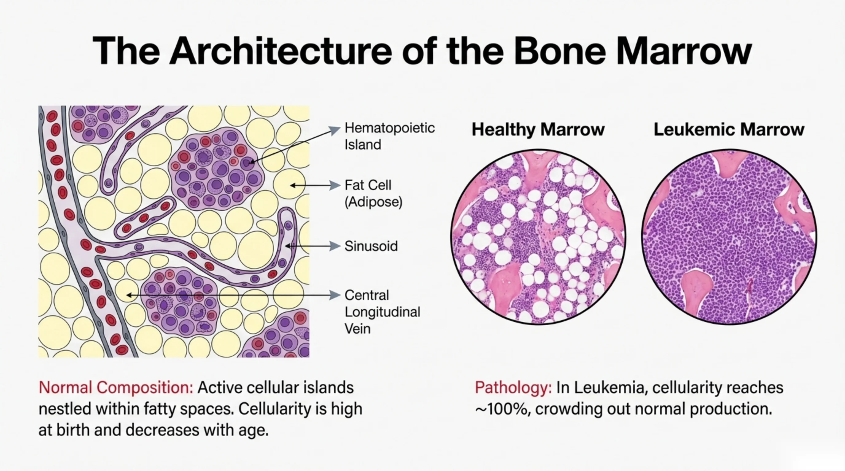 A diagram of normal bone marrow with labeled structures beside paired histology photomicrographs contrasting healthy marrow with densely packed leukemic marrow.