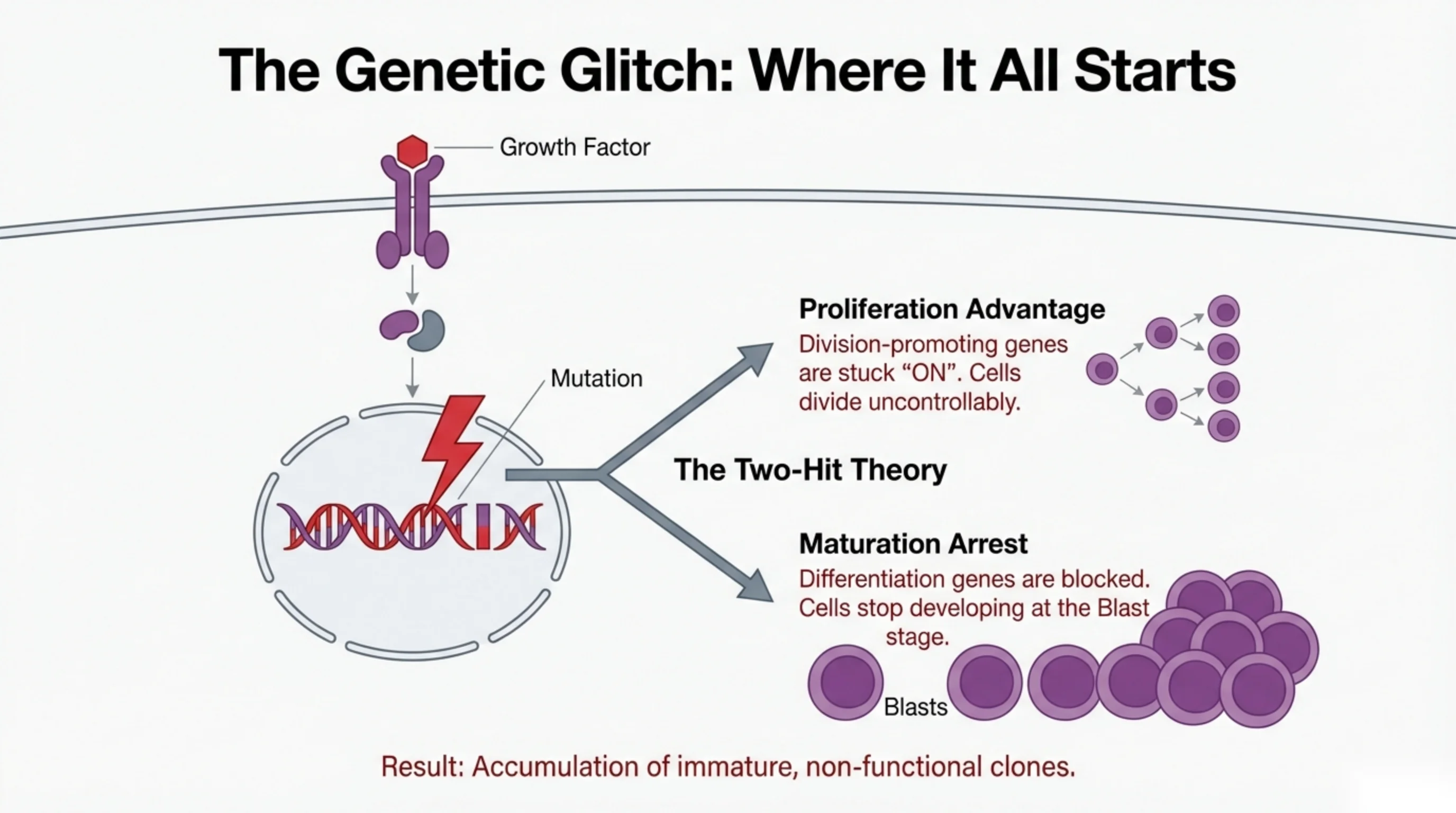 A cell-signaling diagram showing a growth factor binding a surface receptor and a DNA mutation branching into two consequences, proliferation advantage and maturation arrest.