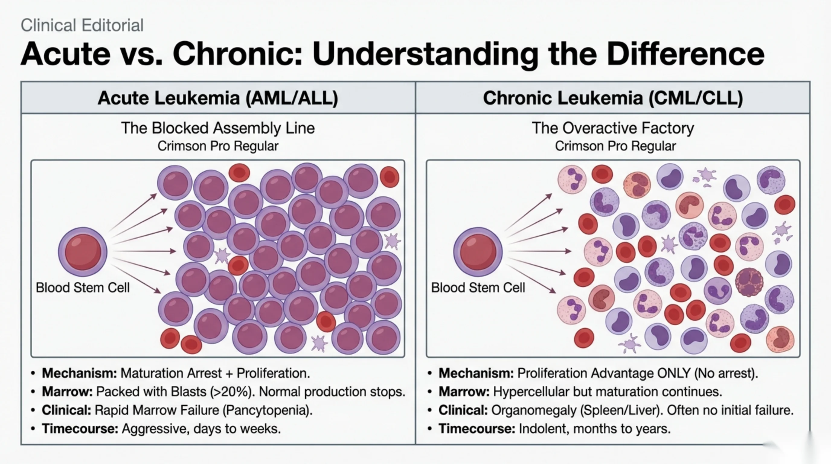 A two-column comparison contrasting acute leukemia as a blocked assembly line producing uniform blasts against chronic leukemia as an overactive factory producing diverse mature cells.