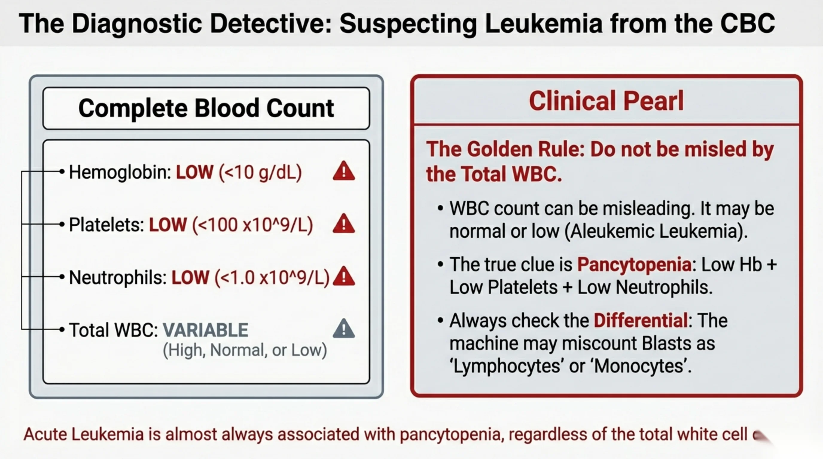 A Complete Blood Count panel with warning icons beside abnormal values next to a Clinical Pearl box explaining not to be misled by the total WBC count.
