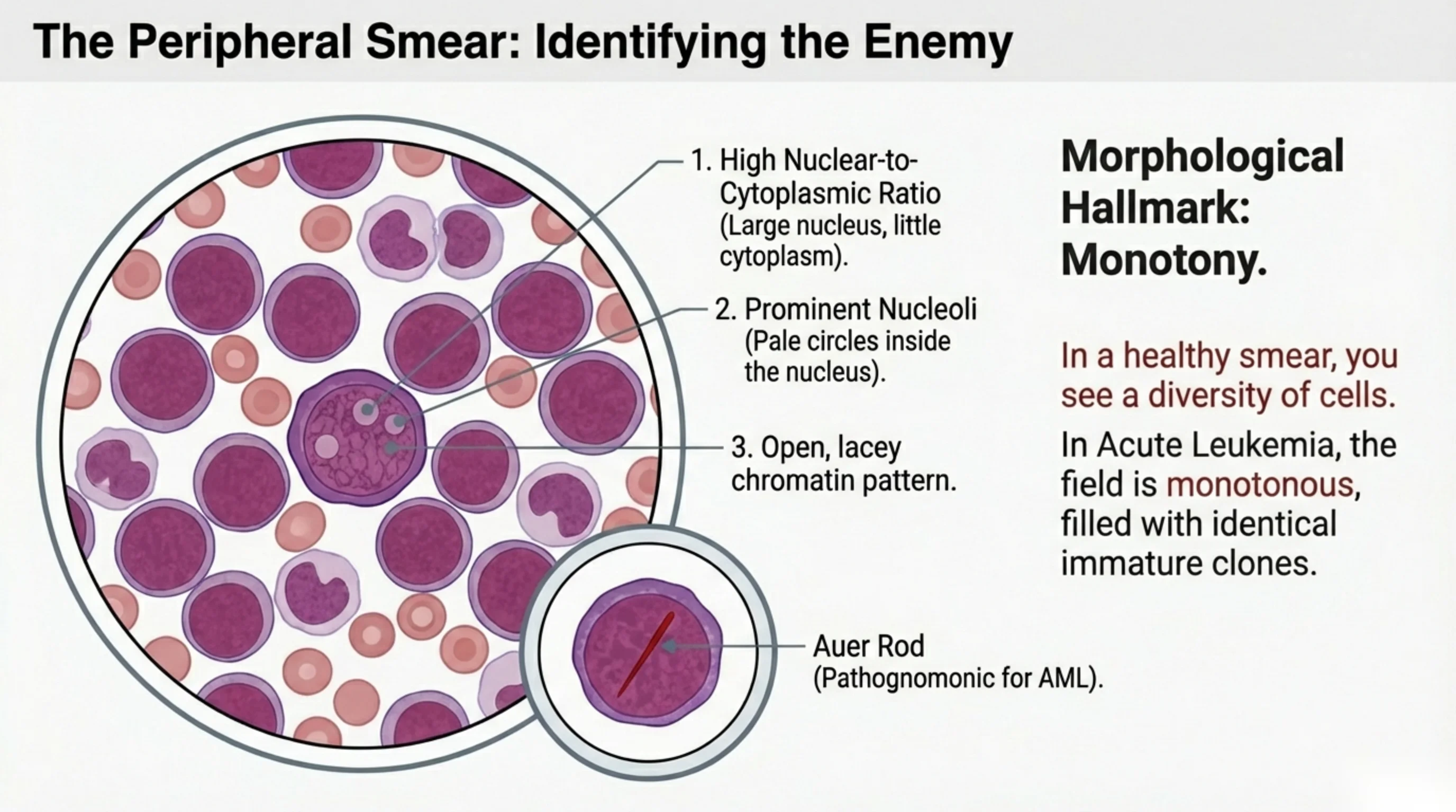 A magnified blood-smear illustration highlighting a blast cell's features with a numbered list, plus an inset showing an Auer rod, alongside a note on morphological monotony.