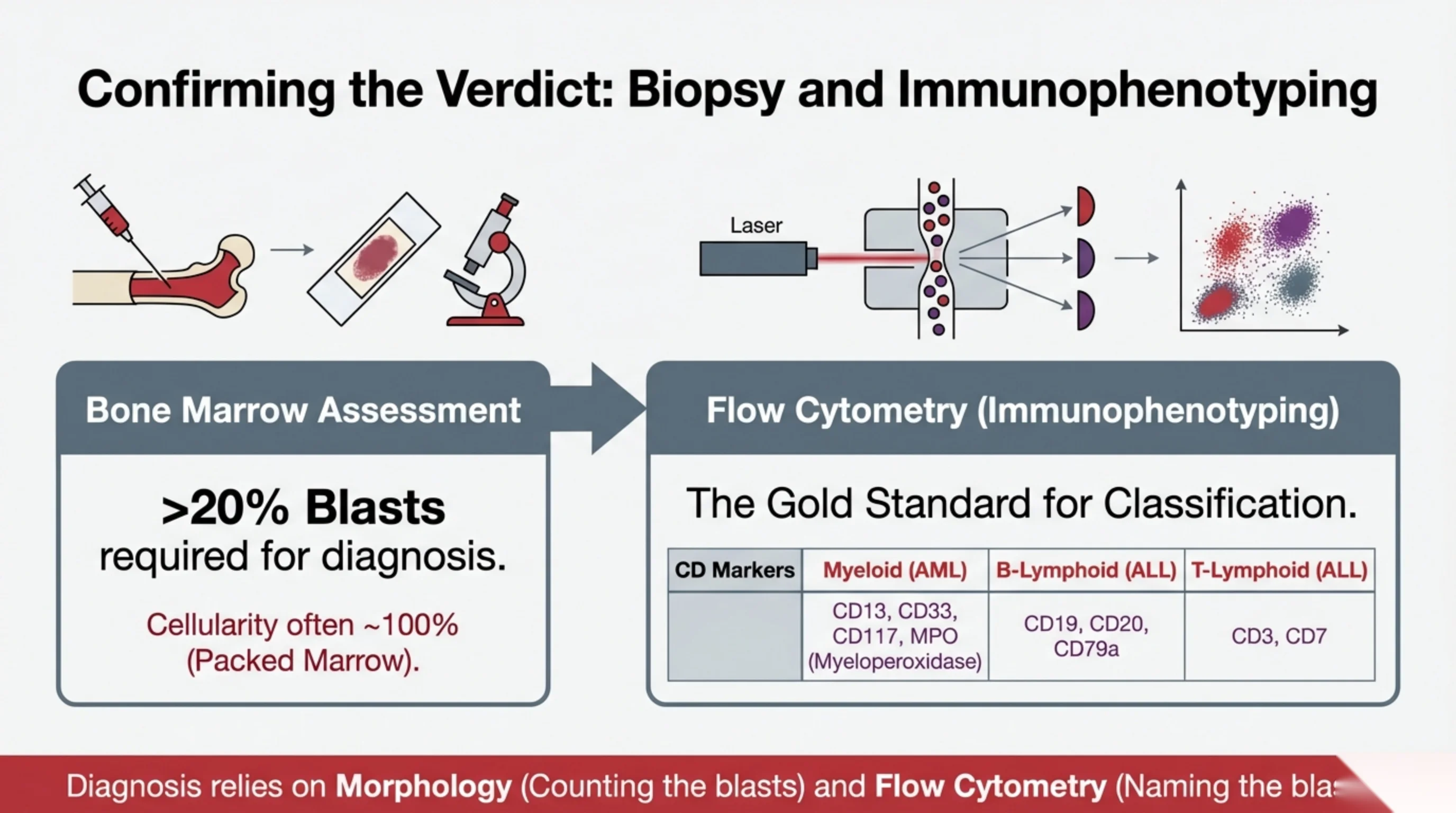 A workflow from bone marrow biopsy and microscopy to a flow cytometry laser diagram, with a table mapping CD markers to leukemia lineages.
