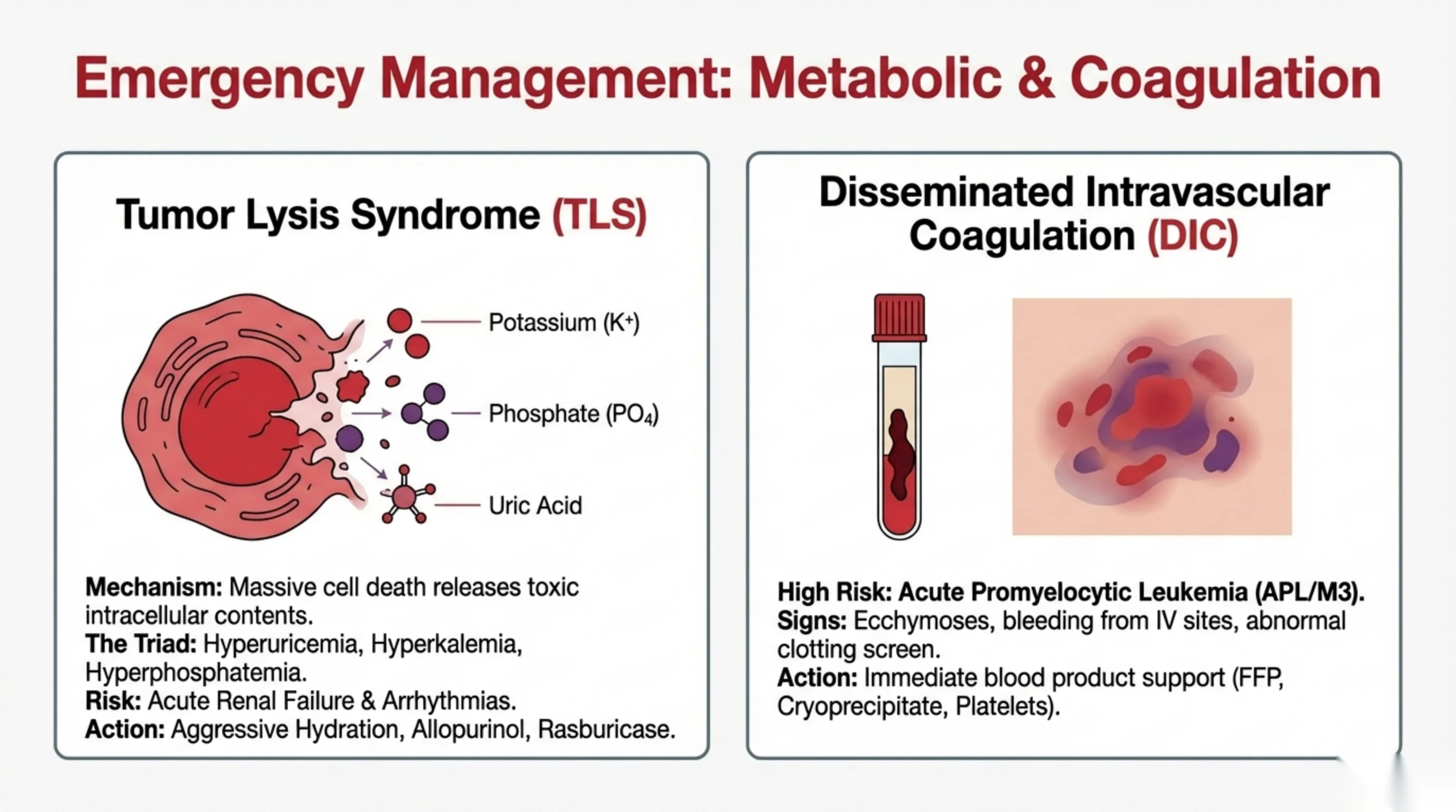 Two panels: a lysing cell releasing potassium, phosphate and uric acid for Tumor Lysis Syndrome, and a blood tube with a bruise illustration for Disseminated Intravascular Coagulation.