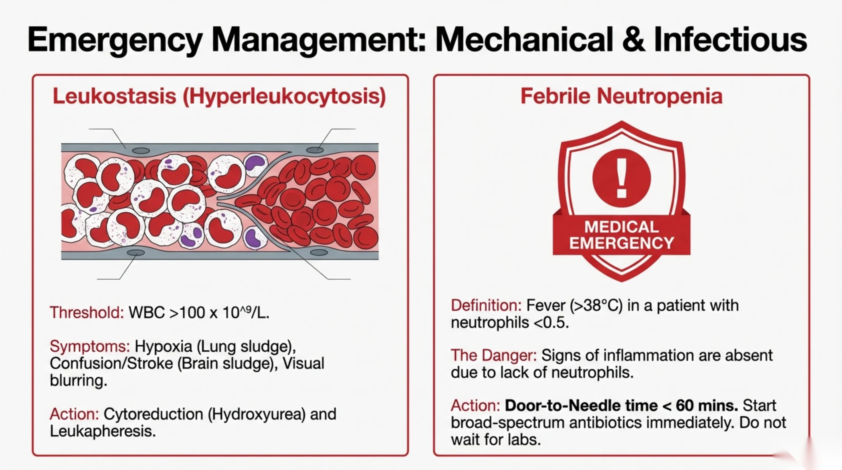 Two panels: a vessel clogged with white cells illustrating leukostasis, and a red MEDICAL EMERGENCY shield illustrating febrile neutropenia.